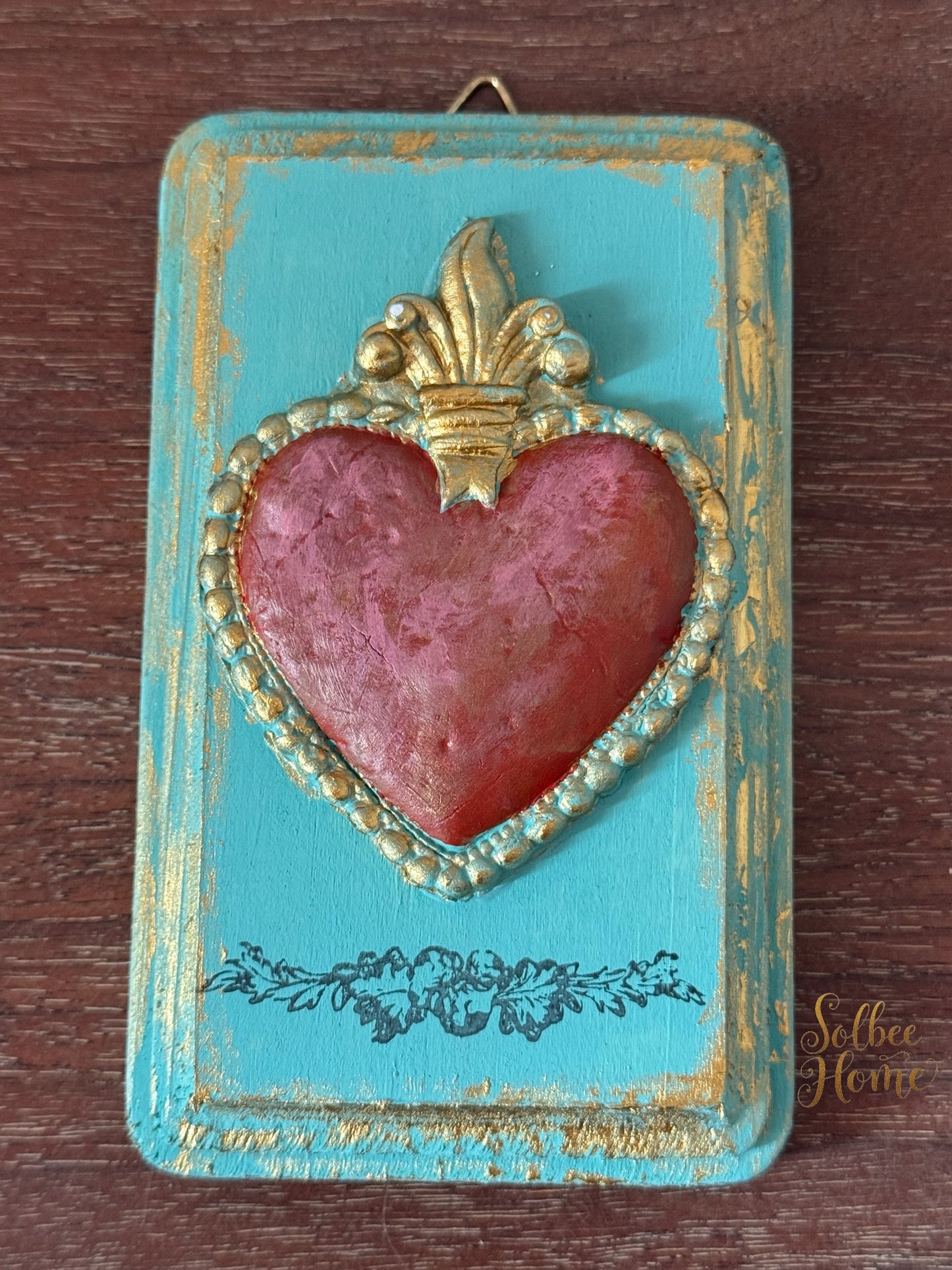 Sacred Heart Mini Plaque, Collage Wall, Relief Plaque, Wall Decor, Handcrafted, Teal Corazon