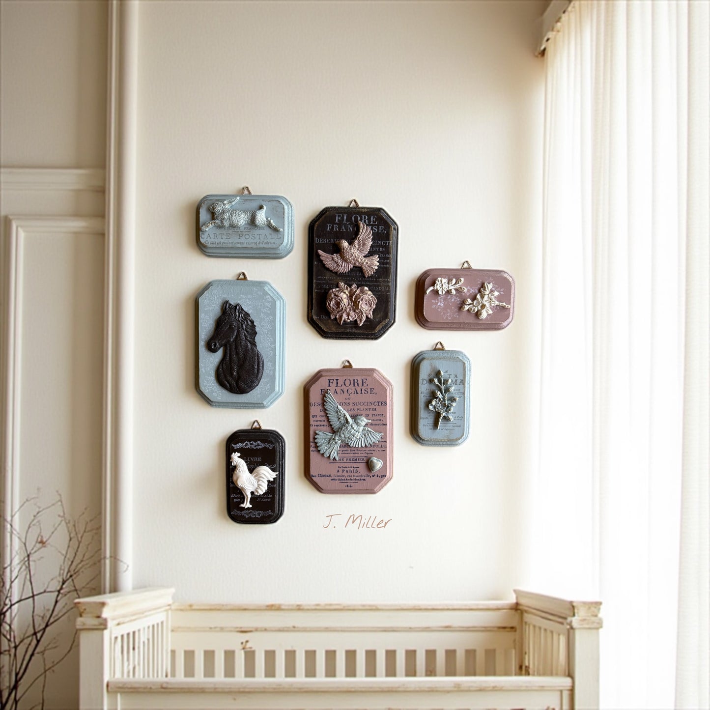 French Country Dusty Pink and French Blue Bird Wall Plaque: Shabby Chic French Country Style Gallery Wall