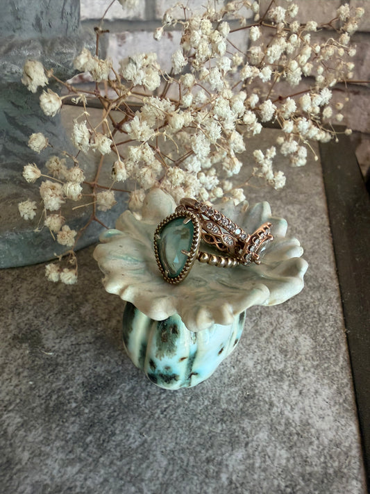 Handmade Ceramic Ring Holder | Seafoam Flower Trinket Dish | Coastal Cottage Decor | Small Pottery Gift | One of a Kind Art Piece
