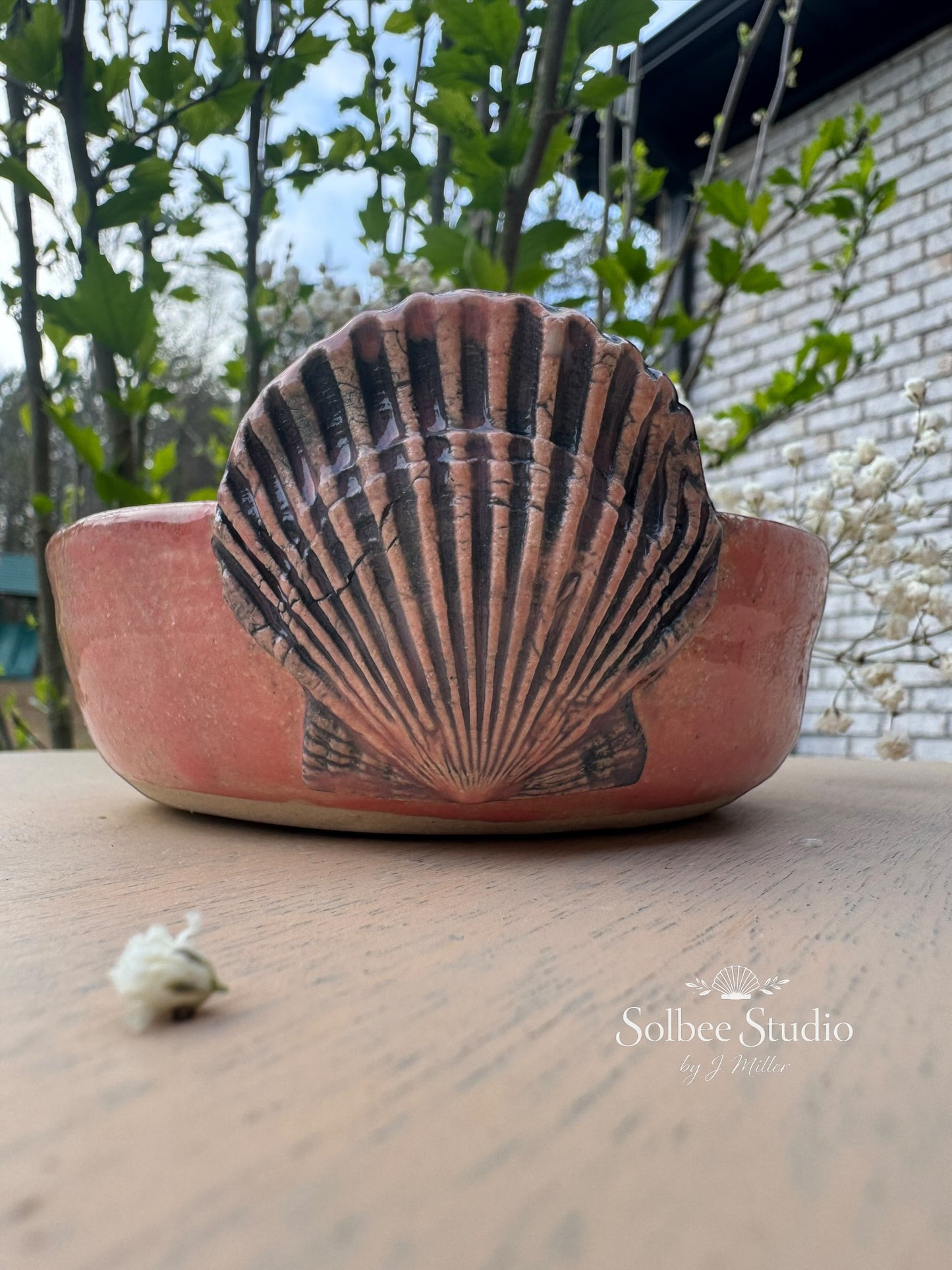 Handmade Ceramic Shell Trinket Dish – Rose Glaze Ring Holder, Rustic Boho Decor