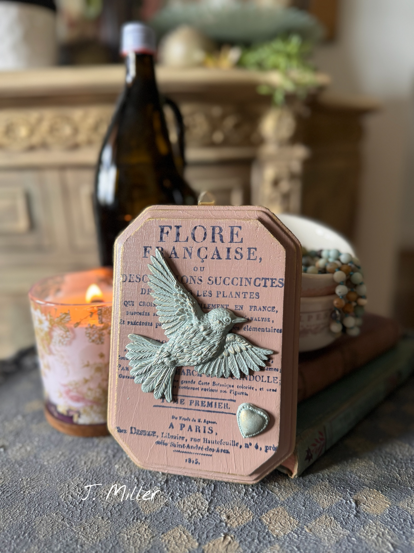 French Country Dusty Pink and French Blue Bird Wall Plaque: Shabby Chic French Country Style Gallery Wall