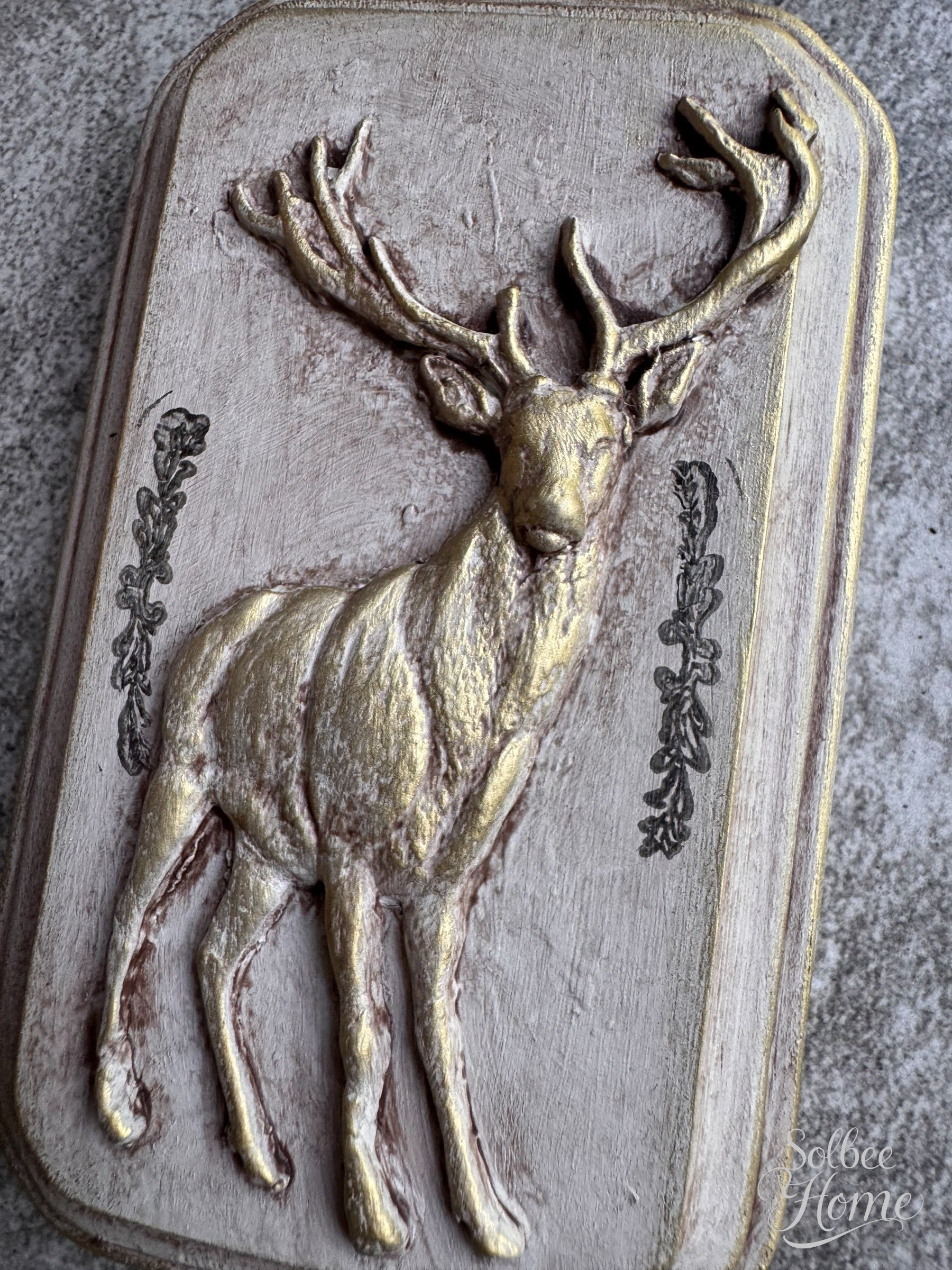 Deer Mini Plaque, Collage Wall, Relief Plaque, Wall Decor, Handcrafted, Gold Accent Stag, Buck