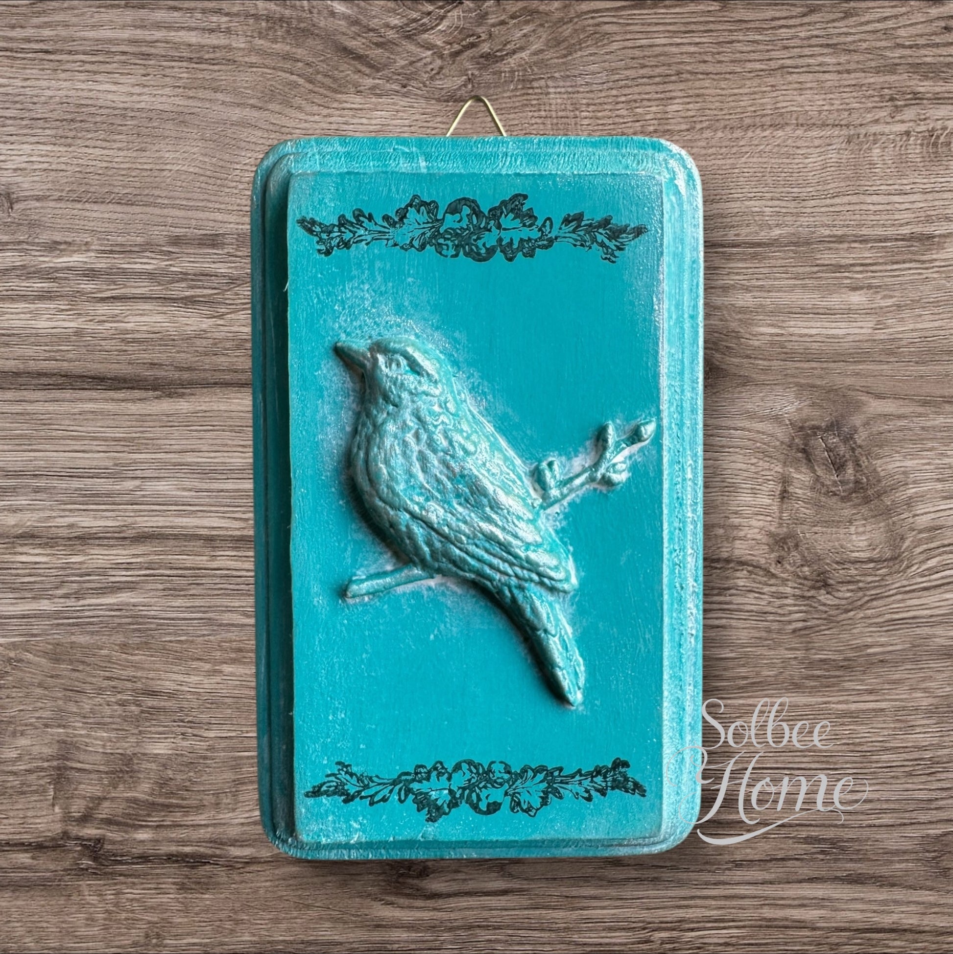 French Country Bird Mini Plaque, Collage Wall, Relief Plaque, Wall Decor, Handcrafted Teal