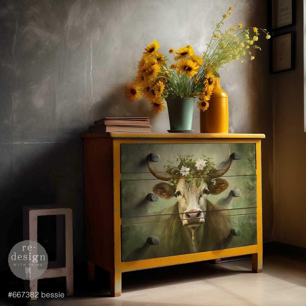 Bessie, A1 Decoupage Fiber, 1 sheet, 23.4″x33.1″ ReDesign With Prima, Furniture Upcycling DIY Decor Decoupage Craft Cow, Country, Western