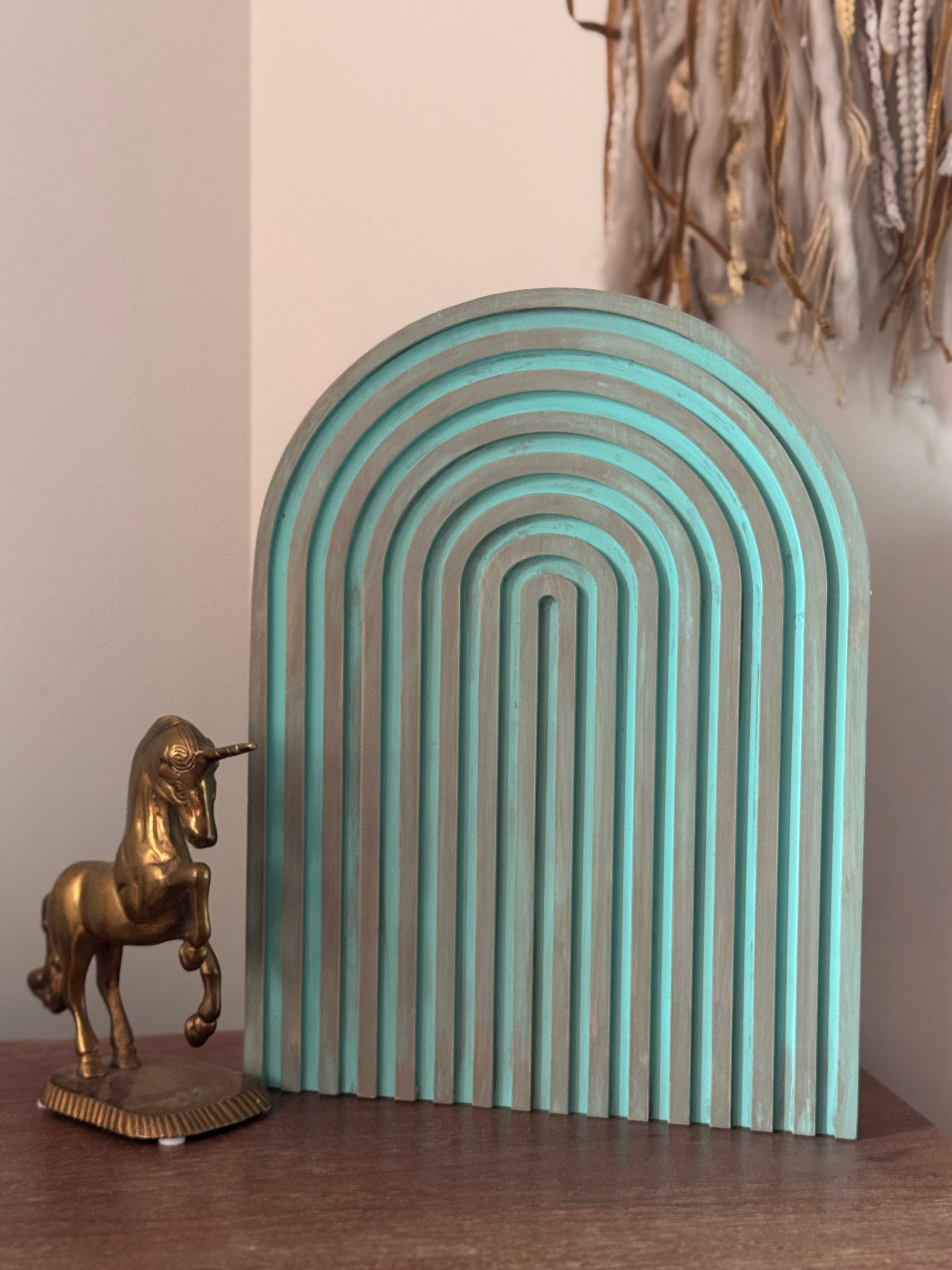 Boho Modern Arch Decor - Turquoise Wood Accent Panel, Handpainted