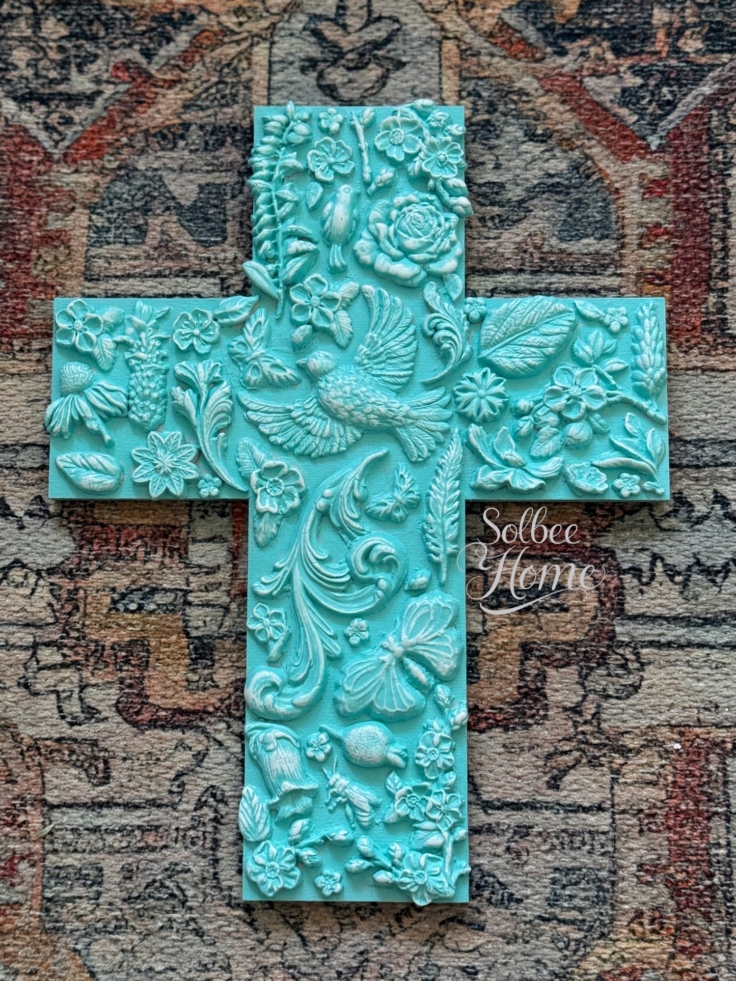 Handmade Cross Wall Decor, Mixed Media Art, Faith, Religious Turquiose