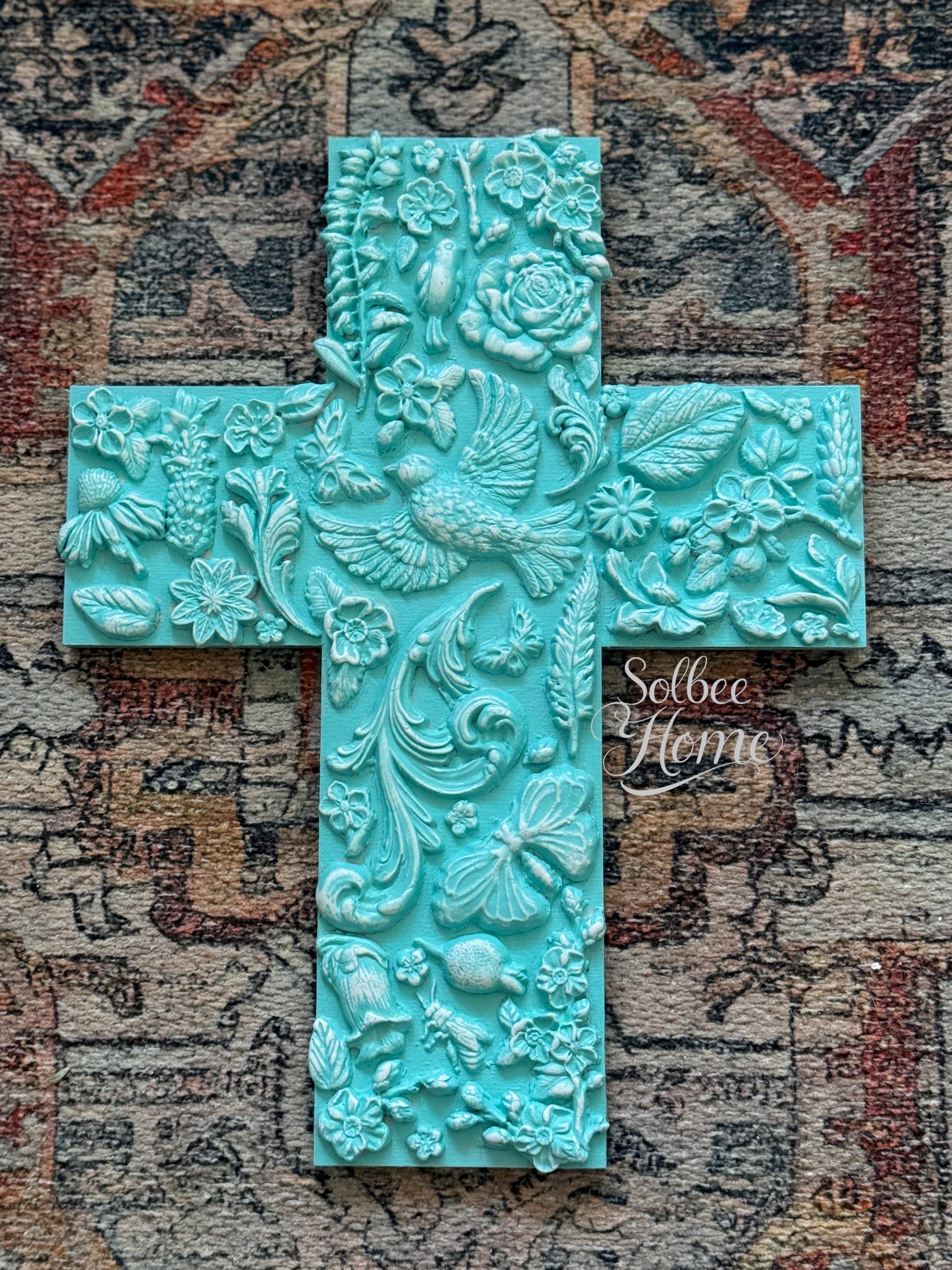 Handmade Cross Wall Decor, Mixed Media Art, Faith, Religious Turquiose