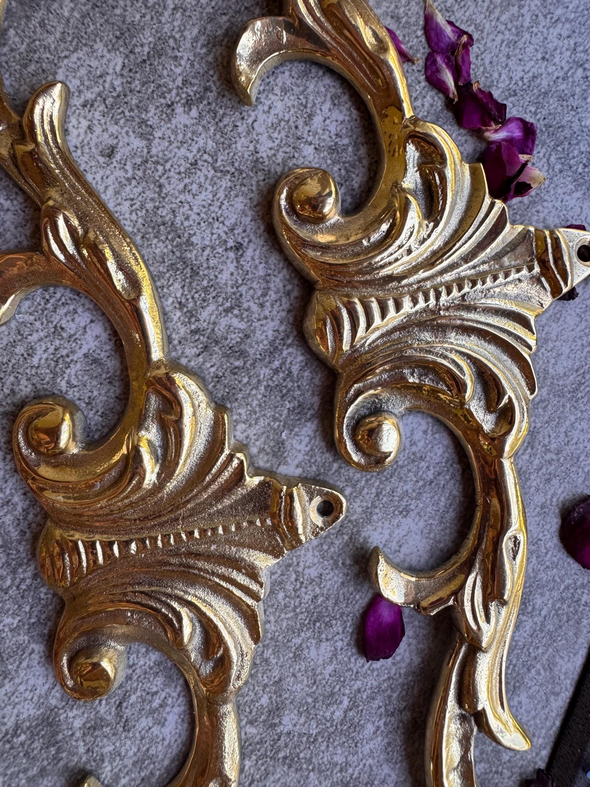 Vintage Brass Ornate Scroll Pediment Pair, Wall Decor