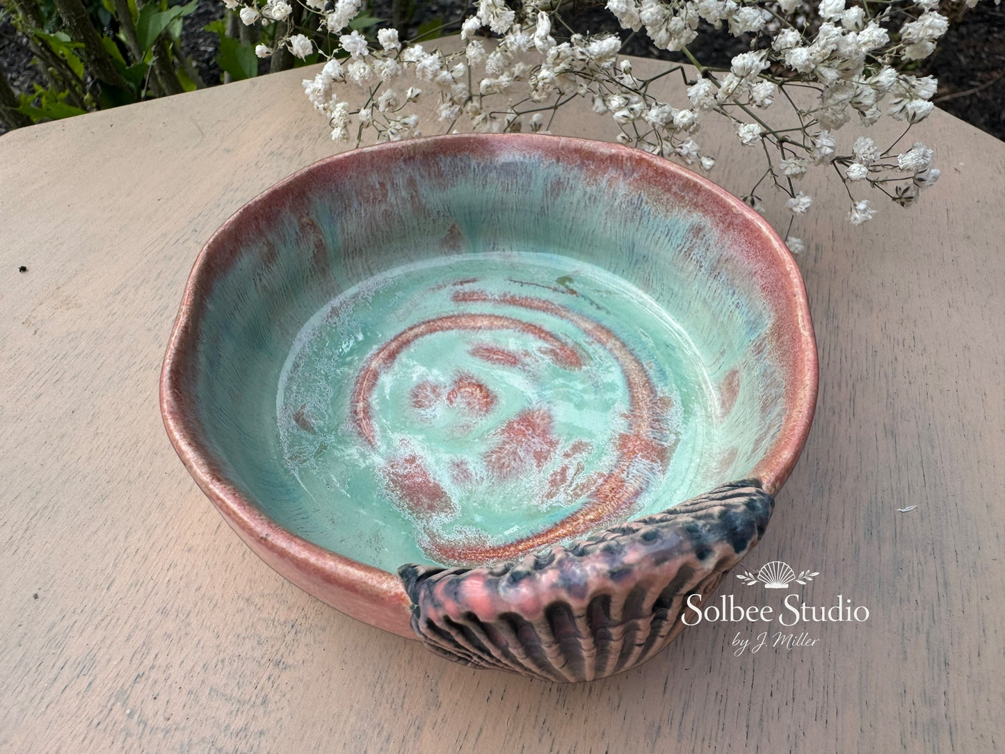 Handmade Ceramic Shell Trinket Dish – Rose Glaze Ring Holder, Rustic Boho Decor