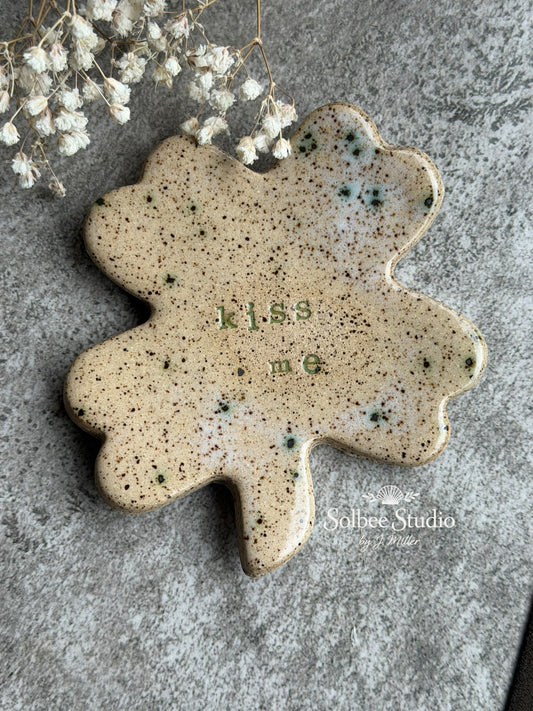 Four Leaf Clover Ring Dish – “Kiss Me” Irish Trinket Dish – Handmade Ceramic Jewelry Holder – Lucky Clover Pottery