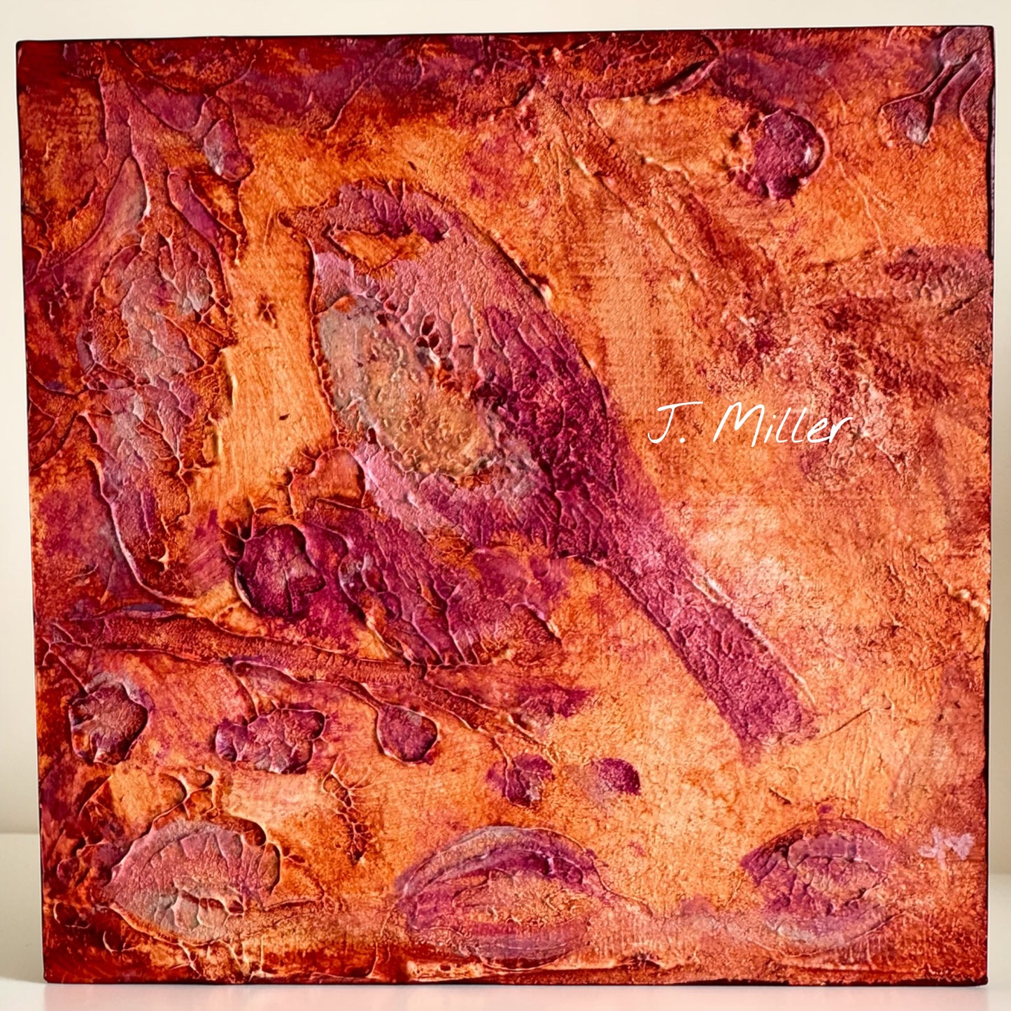 Bohemian Bird Texture Art, Original 5x5 Art Panel "Ember"