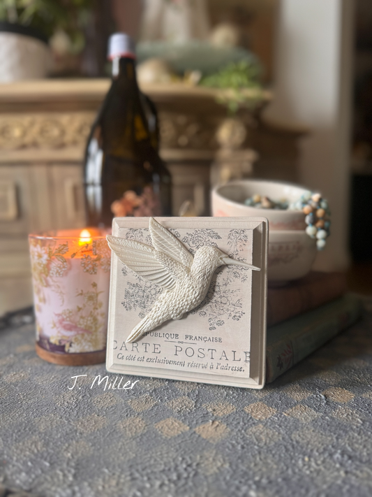 Vintage-Style Hummingbird Wall Plaque, French Country, Collage Wall, Relief Plaque, Wall Decor, Handcrafted, White, Shabby Chic