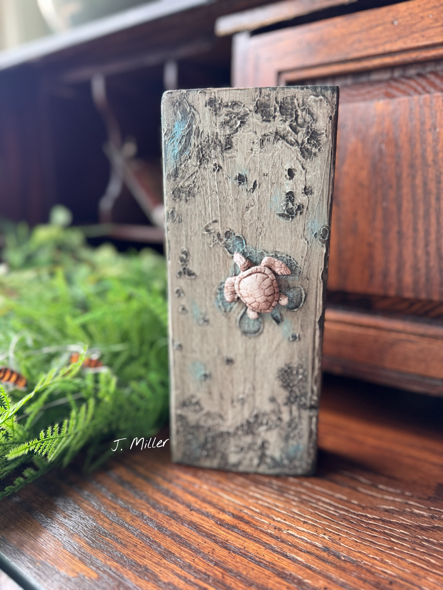 Sea Turtle Art Block: Coastal Abstract Mixed Media Decor
