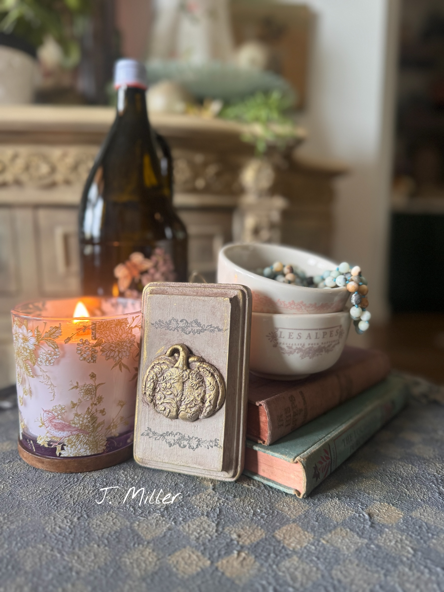 Fall Pumpkin Mini Plaque, Collage Wall, Relief Plaque, Wall Decor, Handcrafted, Gold Accent