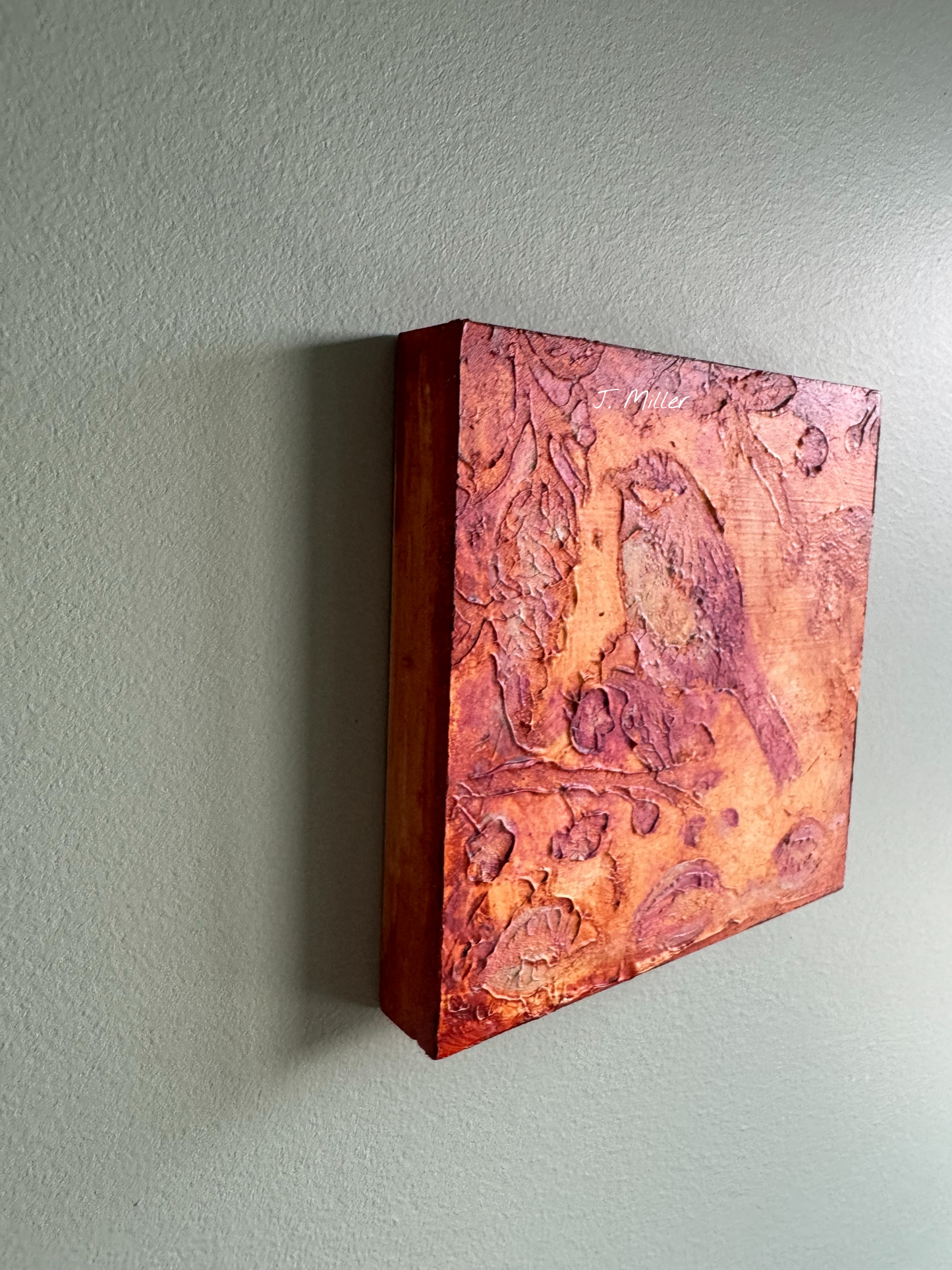 Bohemian Bird Texture Art, Original 5x5 Art Panel "Ember"