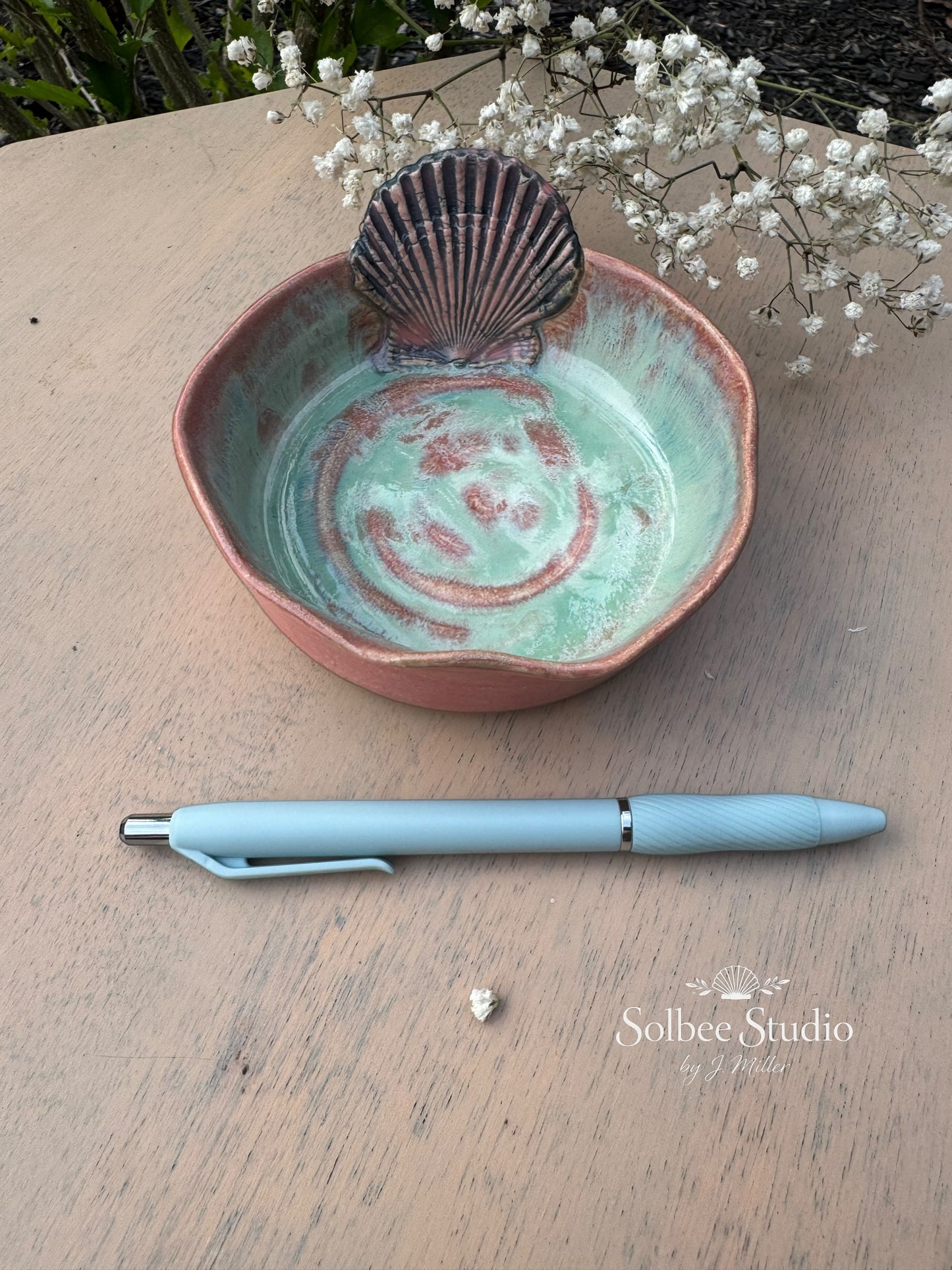 Handmade Ceramic Shell Trinket Dish – Rose Glaze Ring Holder, Rustic Boho Decor