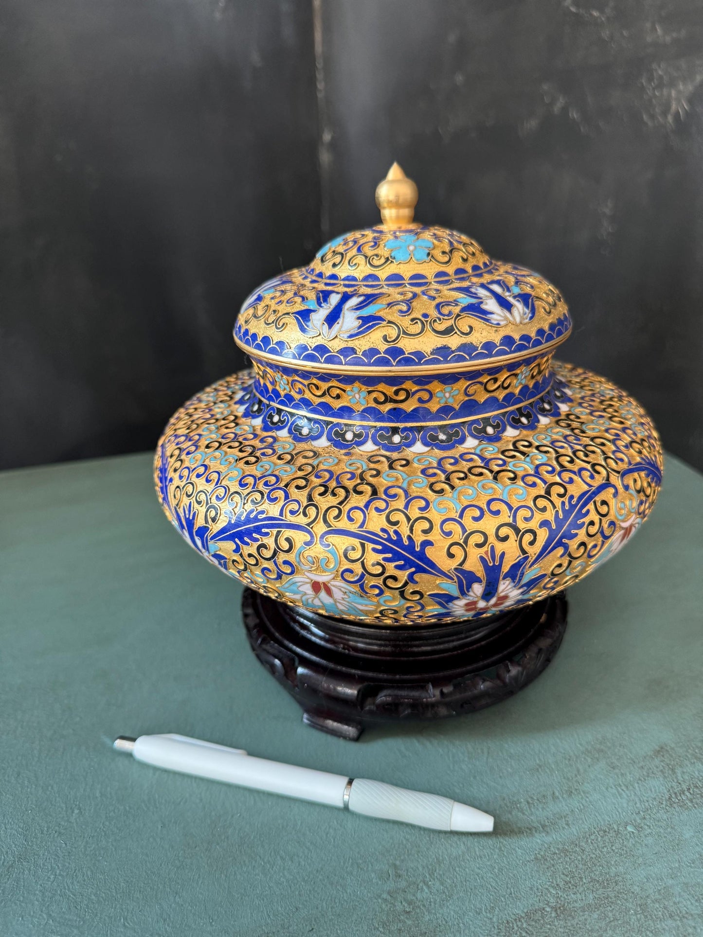 Cloisonne Enamel Ginger Jar with Wooden Base, Gold, Blues, Finial top