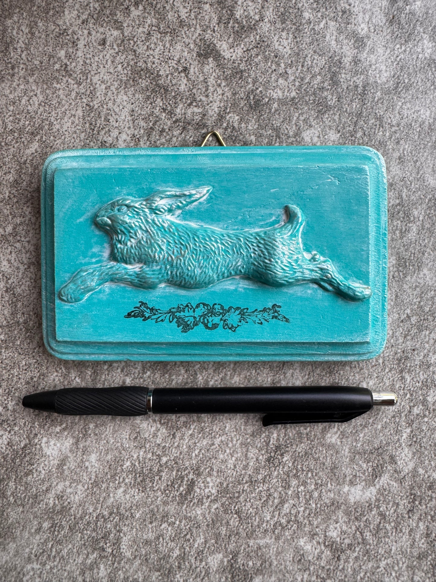 French Country Rabbit Mini Plaque, Collage Wall, Relief Plaque, Wall Decor, Handcrafted Bunny Teal