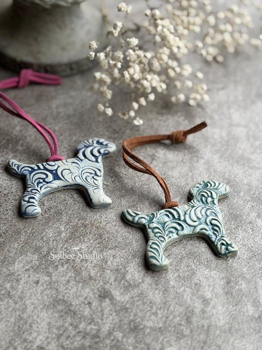 Handmade Ceramic Dog Ornament | Cottage Style Hanging Decor | Blue or Teal Floral Pottery Dog | Year Round Dog Lover Gift