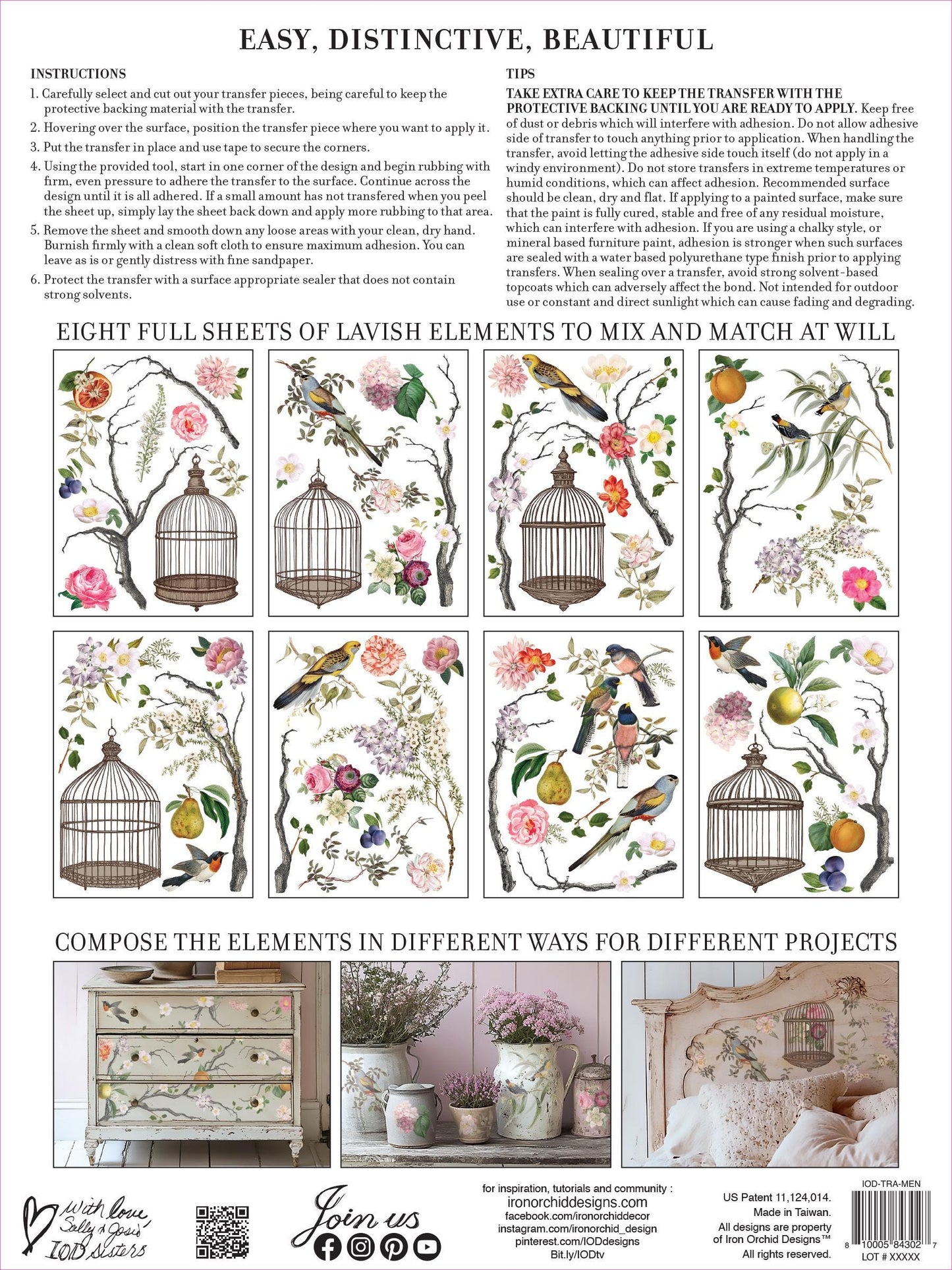 IOD Menagerie Transfer pack Iron Orchid Designs Florals, Bird Cage