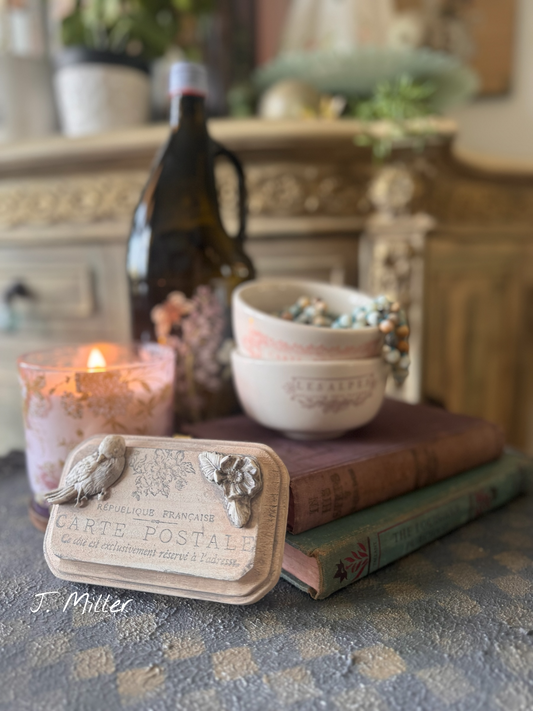 Vintage Style French Country Plaque, Collage Wall, Relief Plaque, Wall Decor, Handcrafted, Aged, Floral and Bird, Shabby Chic