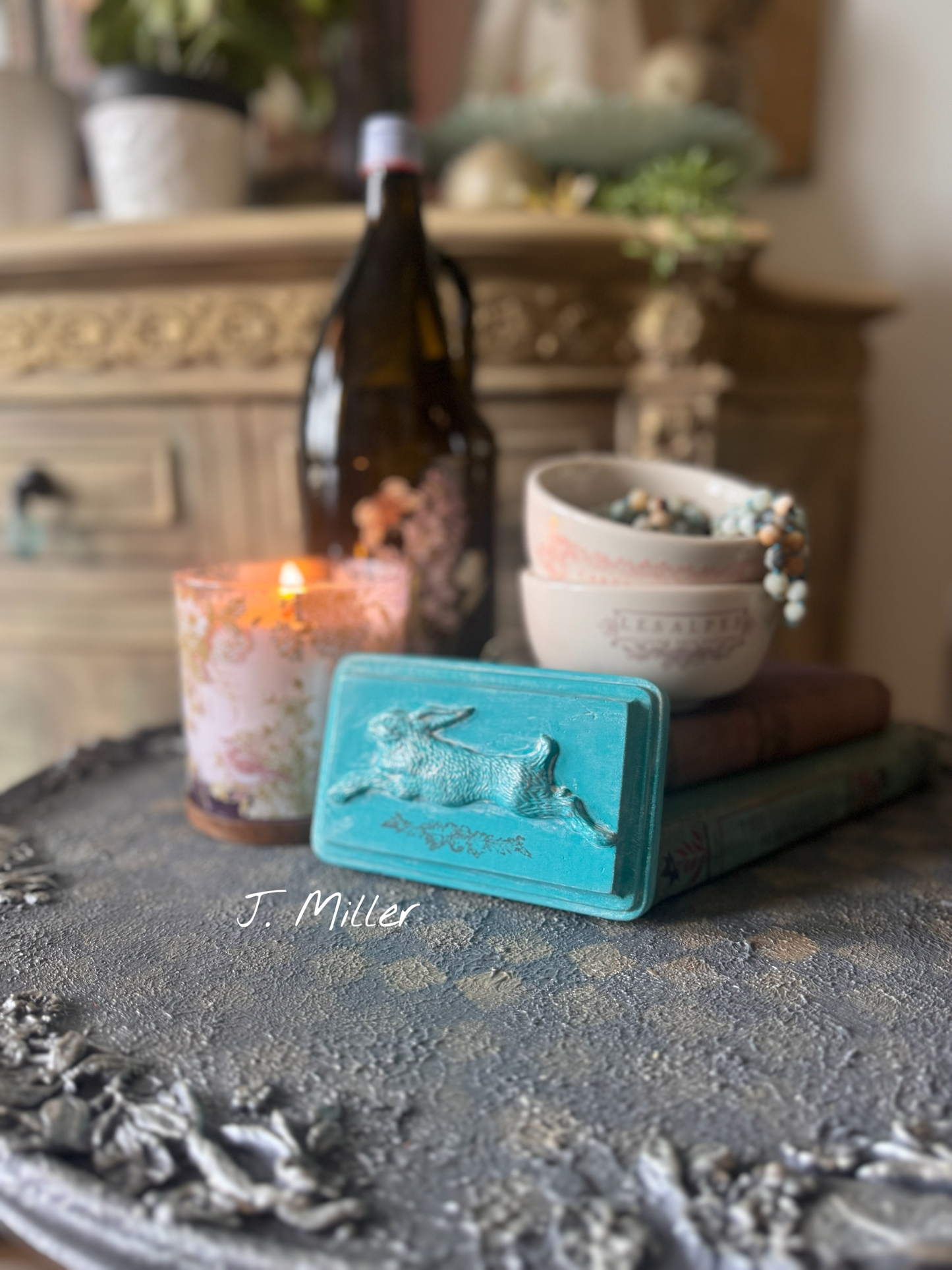 French Country Rabbit Mini Plaque, Collage Wall, Relief Plaque, Wall Decor, Handcrafted Bunny Teal