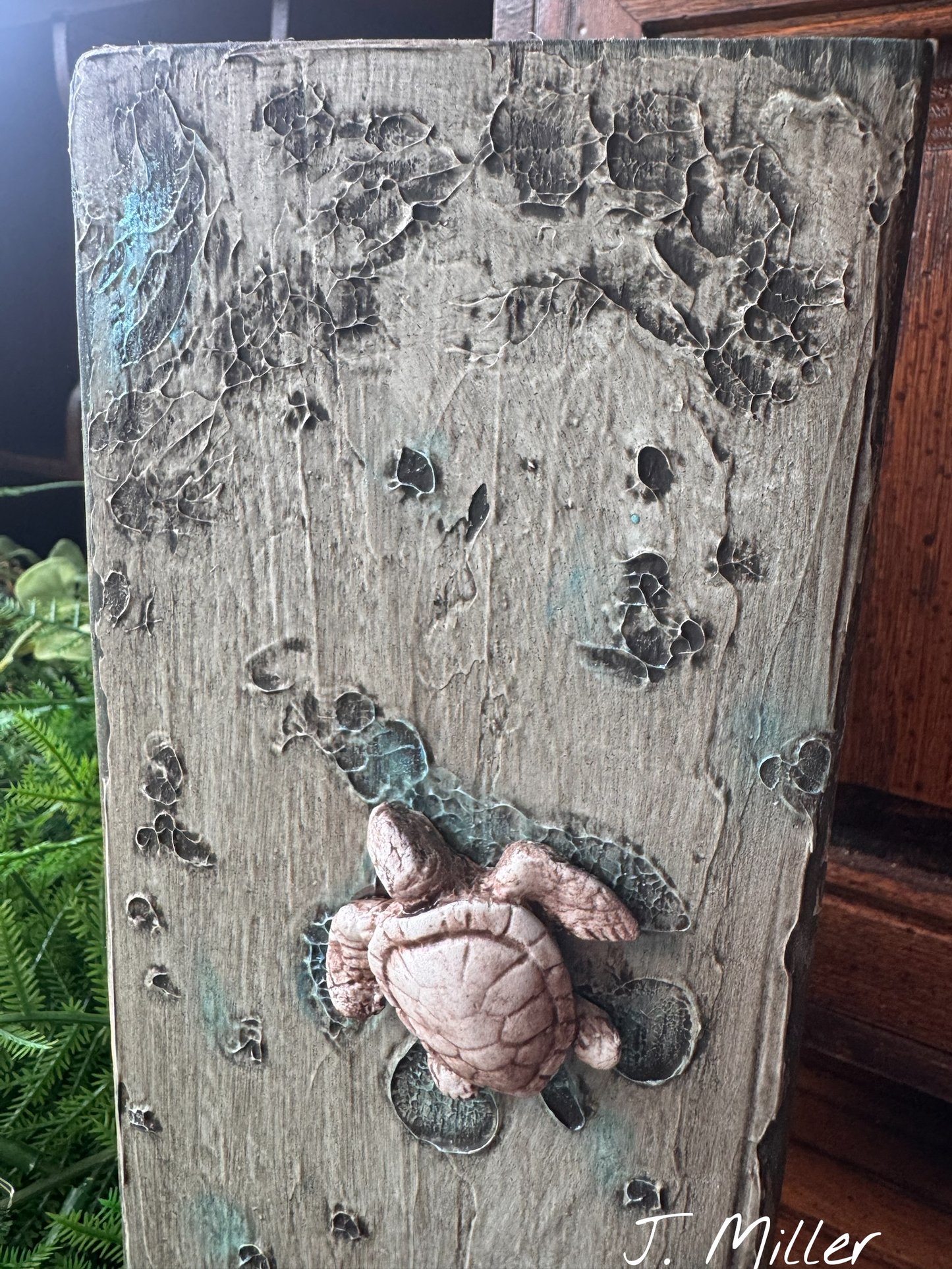 Sea Turtle Art Block: Coastal Abstract Mixed Media Decor