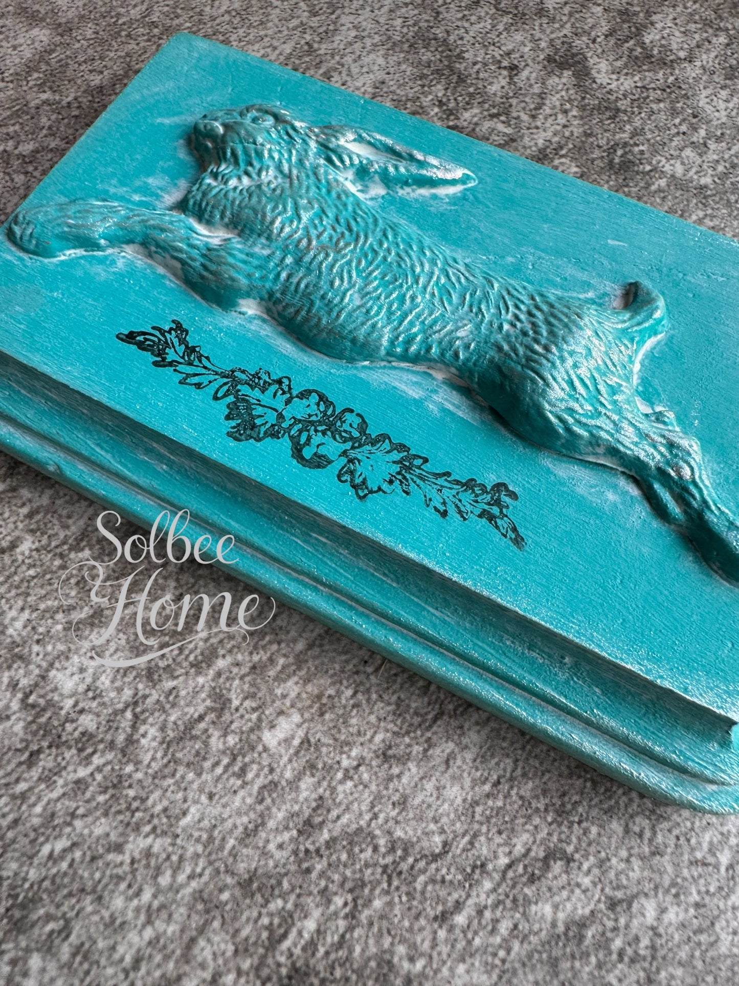 French Country Rabbit Mini Plaque, Collage Wall, Relief Plaque, Wall Decor, Handcrafted Bunny Teal