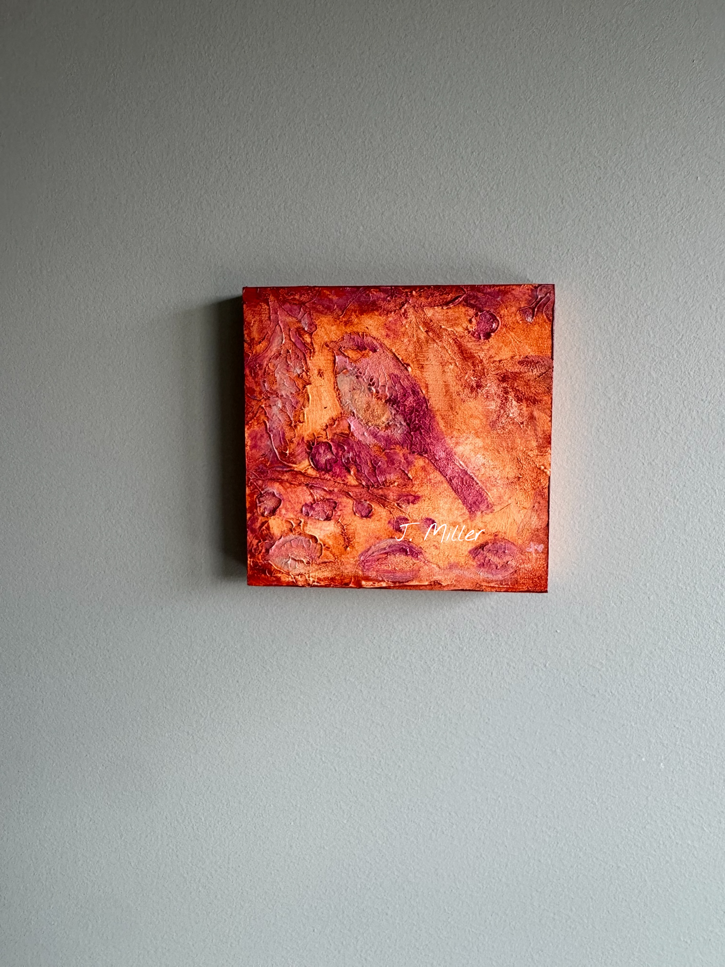 Bohemian Bird Texture Art, Original 5x5 Art Panel "Ember"