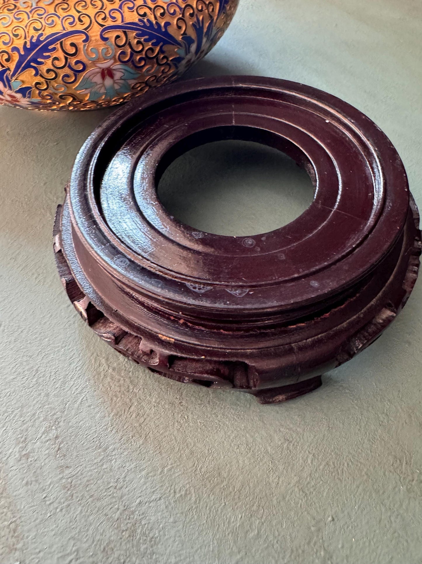 Cloisonne Enamel Ginger Jar with Wooden Base, Gold, Blues, Finial top