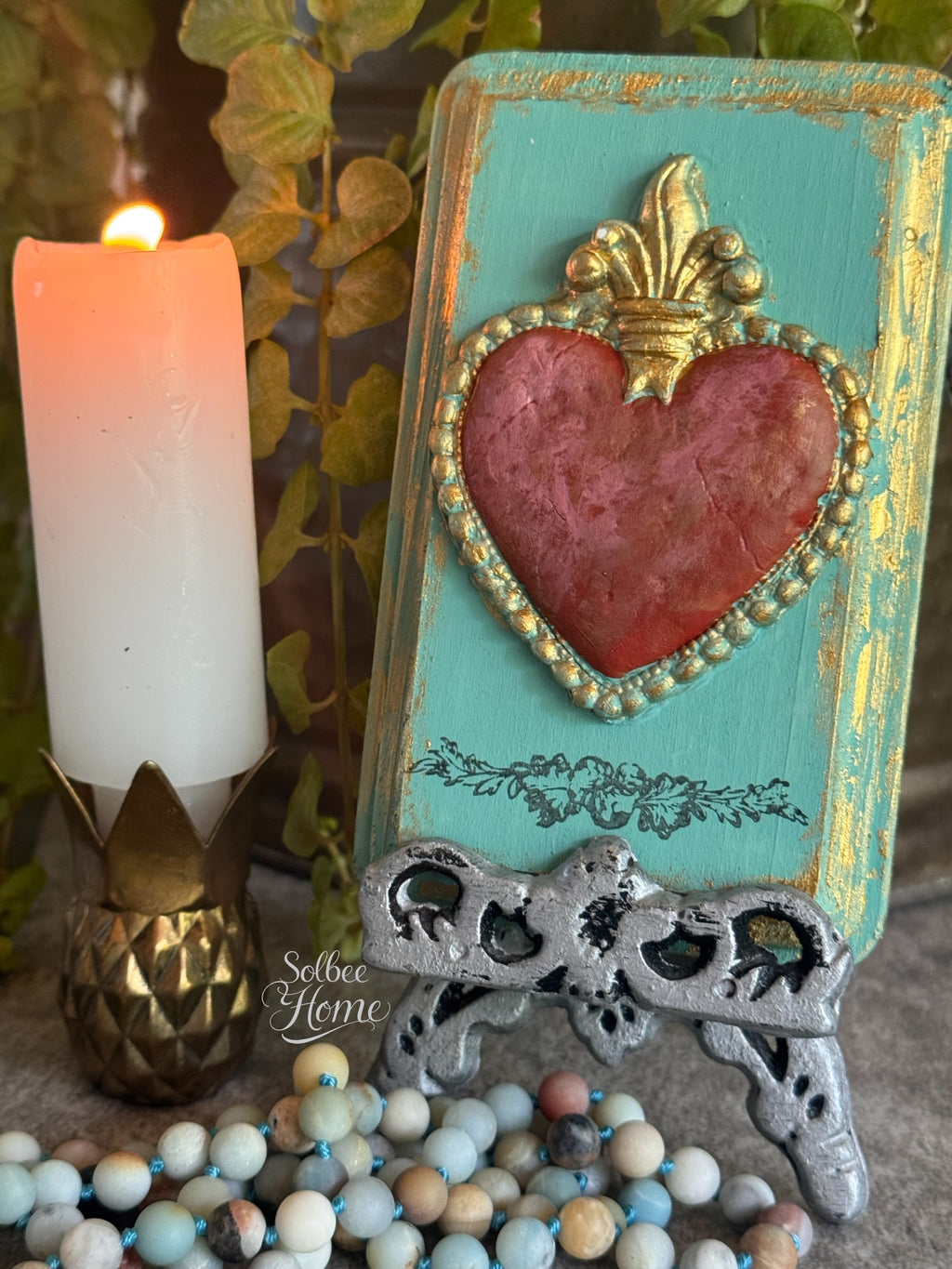 Sacred Heart Mini Plaque, Collage Wall, Relief Plaque, Wall Decor, Handcrafted, Teal Corazon