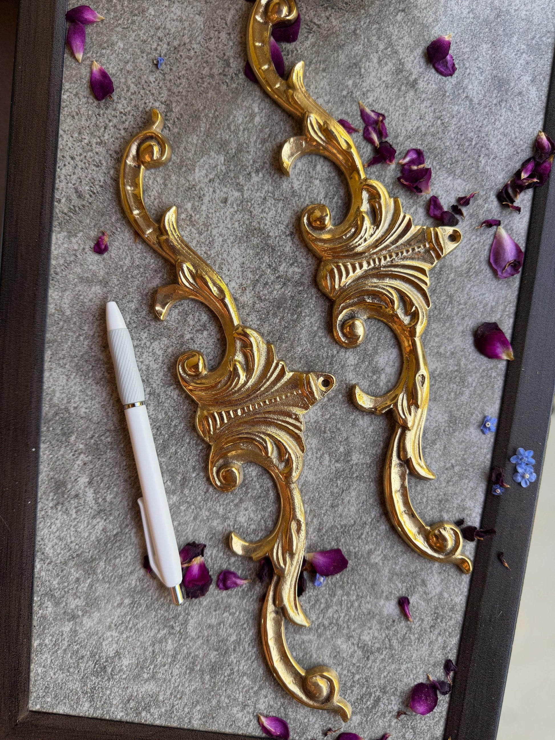 Vintage Brass Ornate Scroll Pediment Pair, Wall Decor