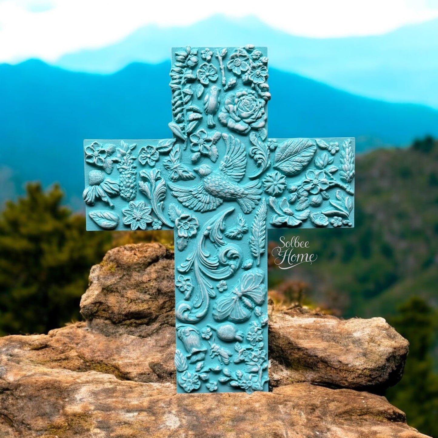 Handmade Cross Wall Decor, Mixed Media Art, Faith, Religious Turquiose