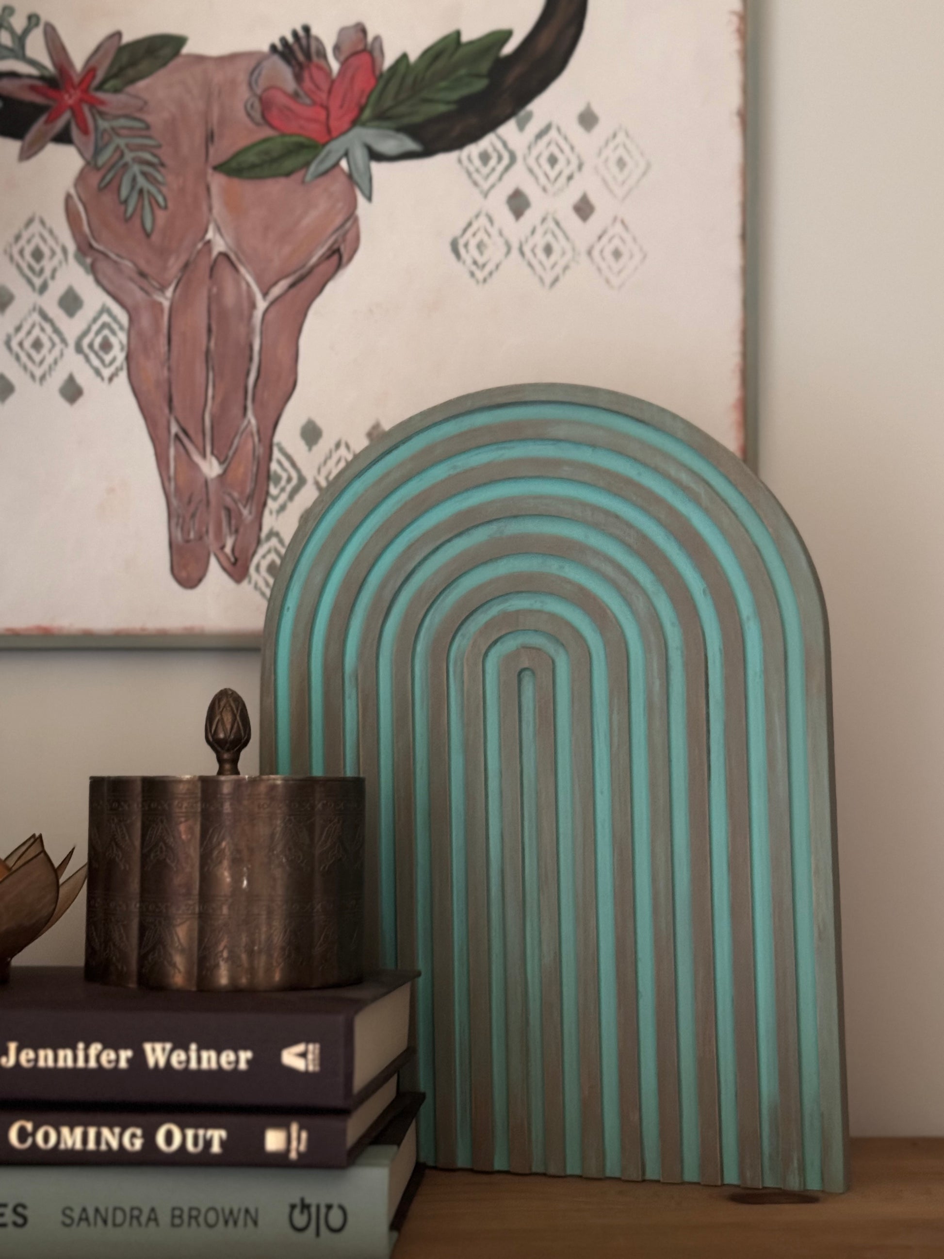 Boho Modern Arch Decor - Turquoise Wood Accent Panel, Handpainted
