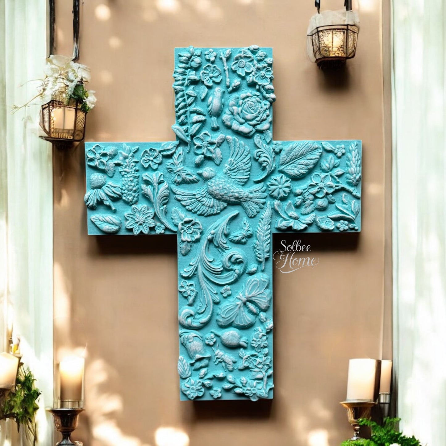 Handmade Cross Wall Decor, Mixed Media Art, Faith, Religious Turquiose
