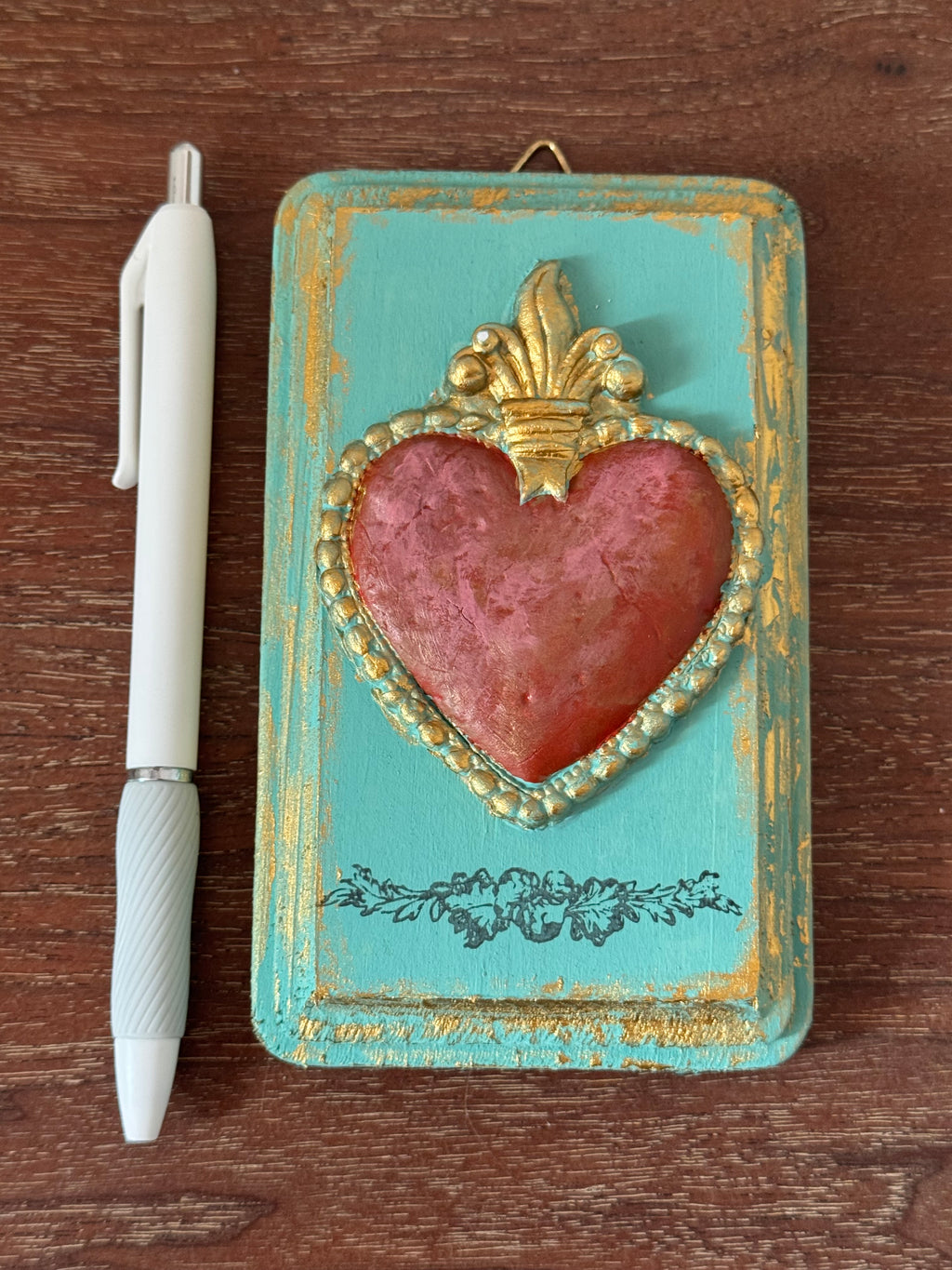 Sacred Heart Mini Plaque, Collage Wall, Relief Plaque, Wall Decor, Handcrafted, Teal Corazon
