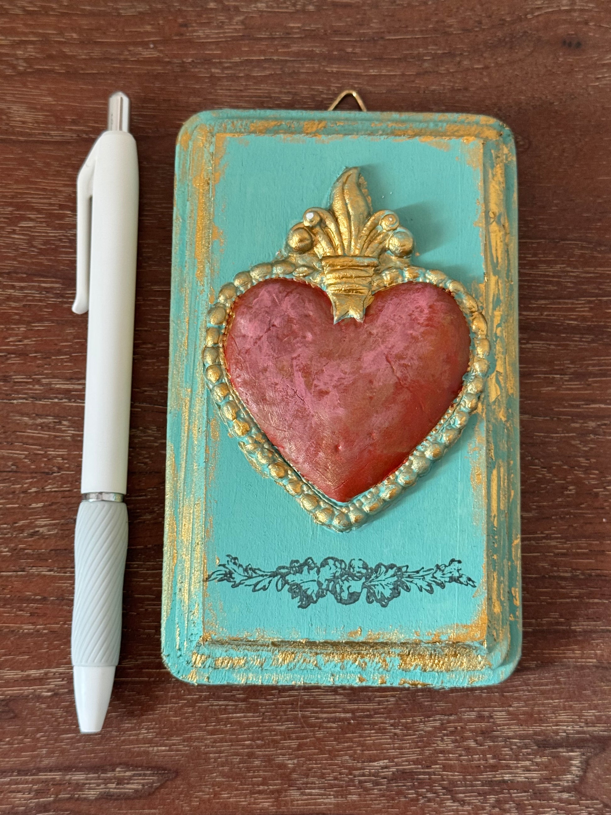 Sacred Heart Mini Plaque, Collage Wall, Relief Plaque, Wall Decor, Handcrafted, Teal Corazon
