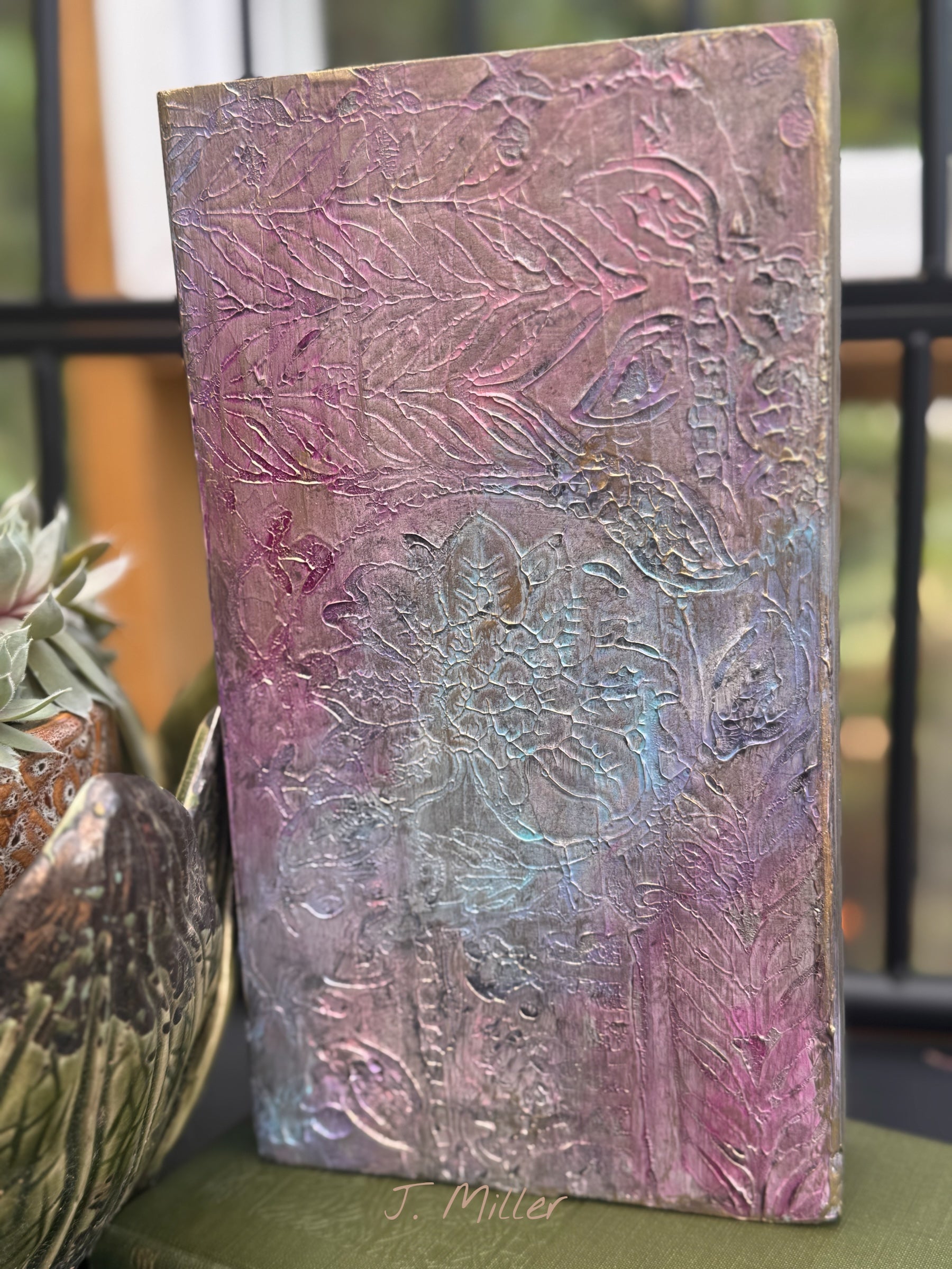Handmade Textured Relief Art | Shimmery Botanical Boho Relief | Mixed Media Boho Decor