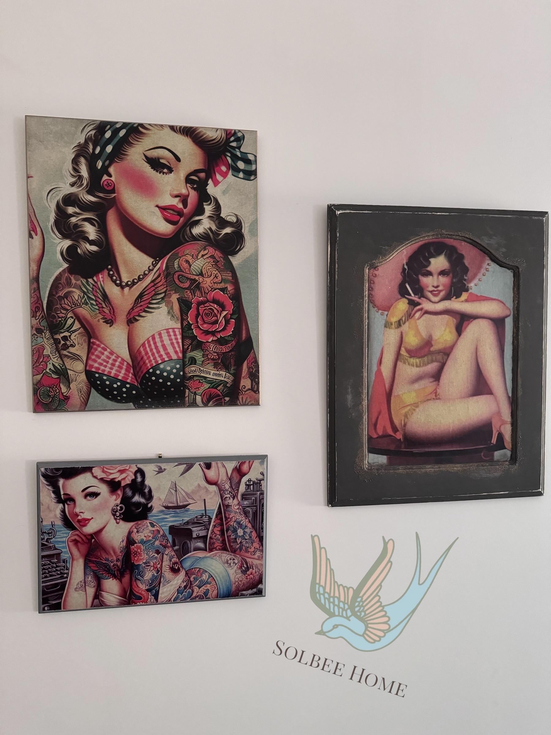 Vintage Style Pin Up Wall Decor, Wall Art, Mixed Media Upcycle