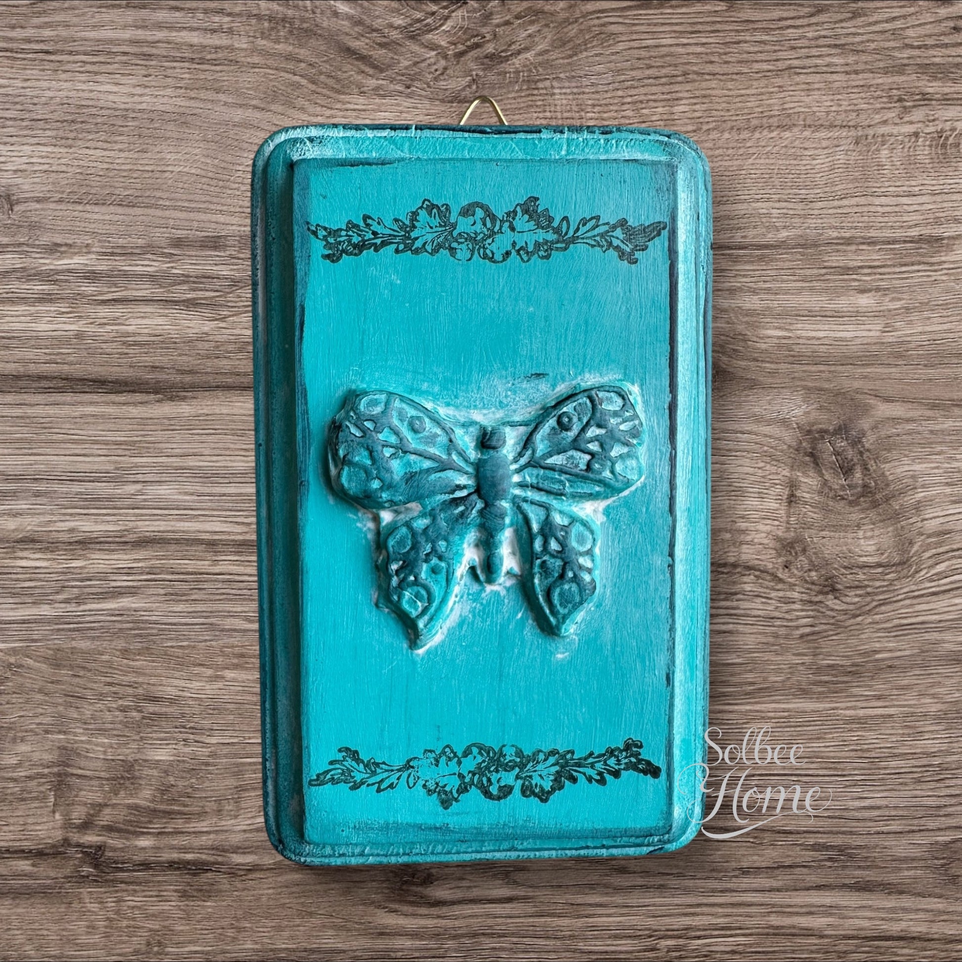 French Country Butterfly Mini Plaque, Collage Wall, Relief Plaque, Wall Decor, Handcrafted Teal
