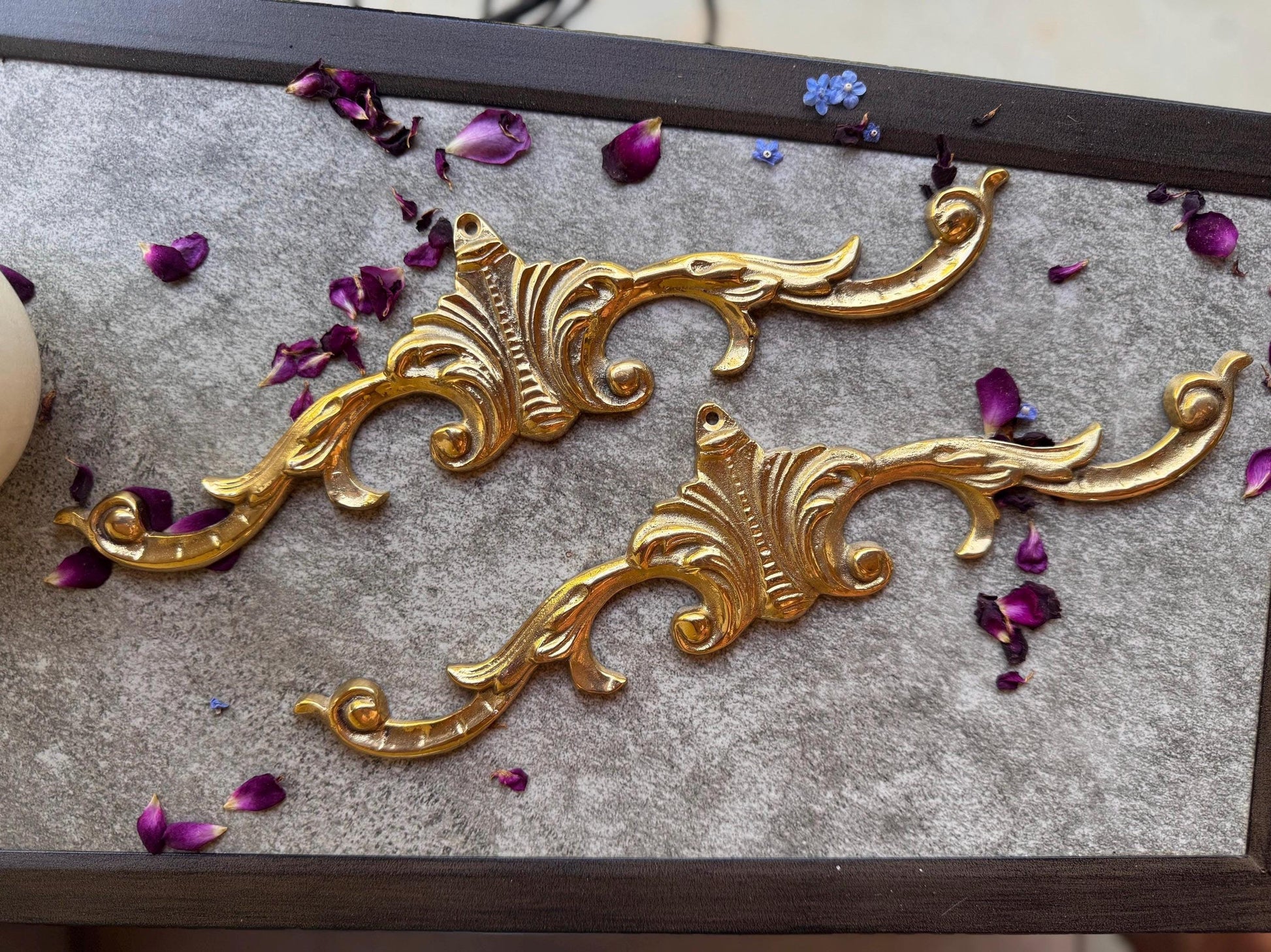 Vintage Brass Ornate Scroll Pediment Pair, Wall Decor