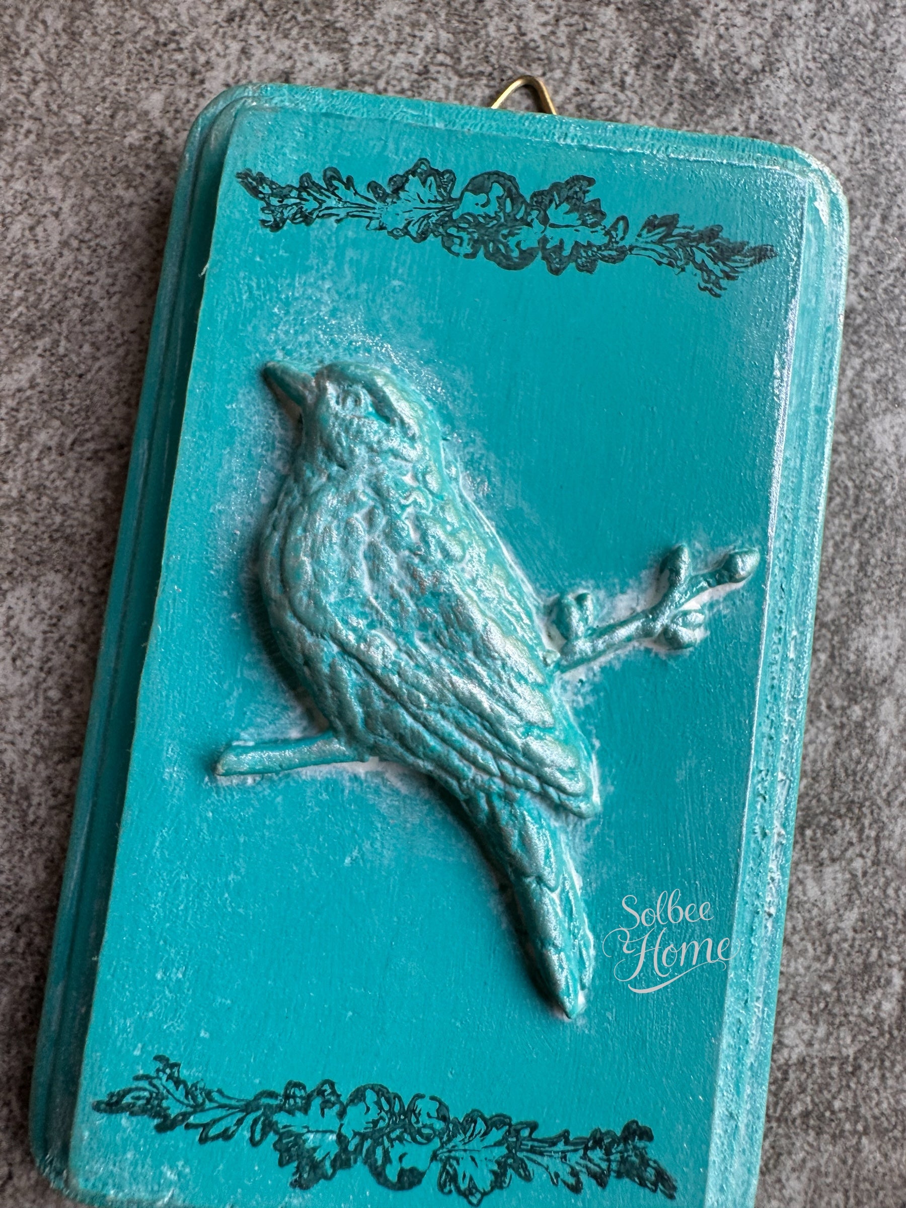 French Country Bird Mini Plaque, Collage Wall, Relief Plaque, Wall Decor, Handcrafted Teal