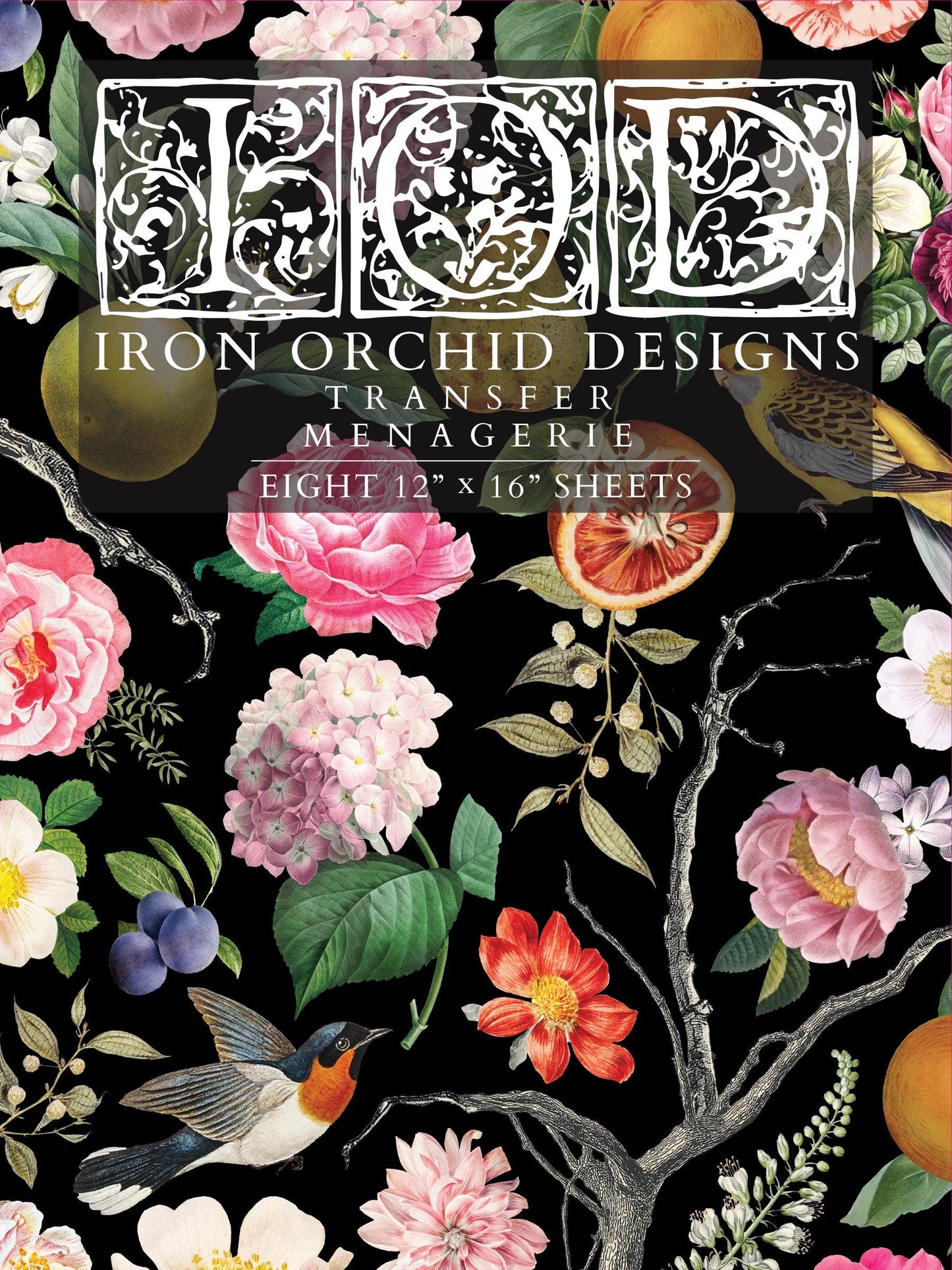 IOD Menagerie Transfer pack Iron Orchid Designs Florals, Bird Cage