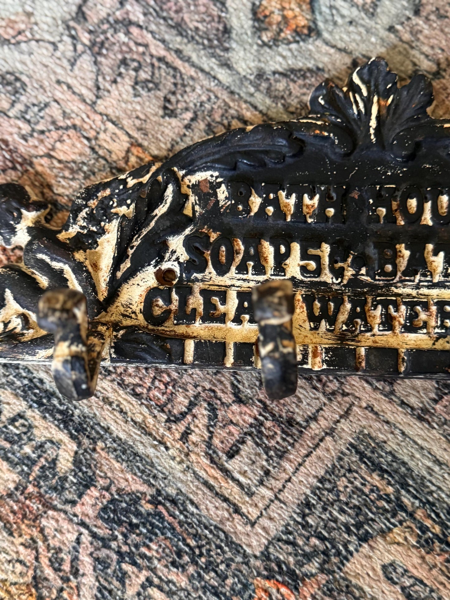 Antique Cast Iron Towel Hook Rack: Rustic Farmhouse Bathroom Decor