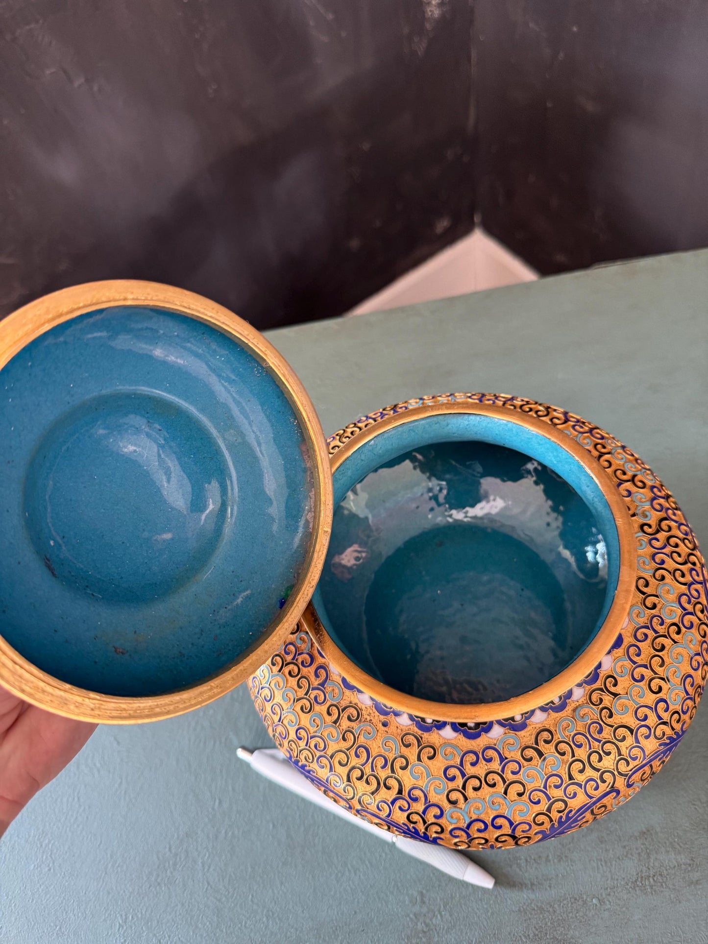 Cloisonne Enamel Ginger Jar with Wooden Base, Gold, Blues, Finial top