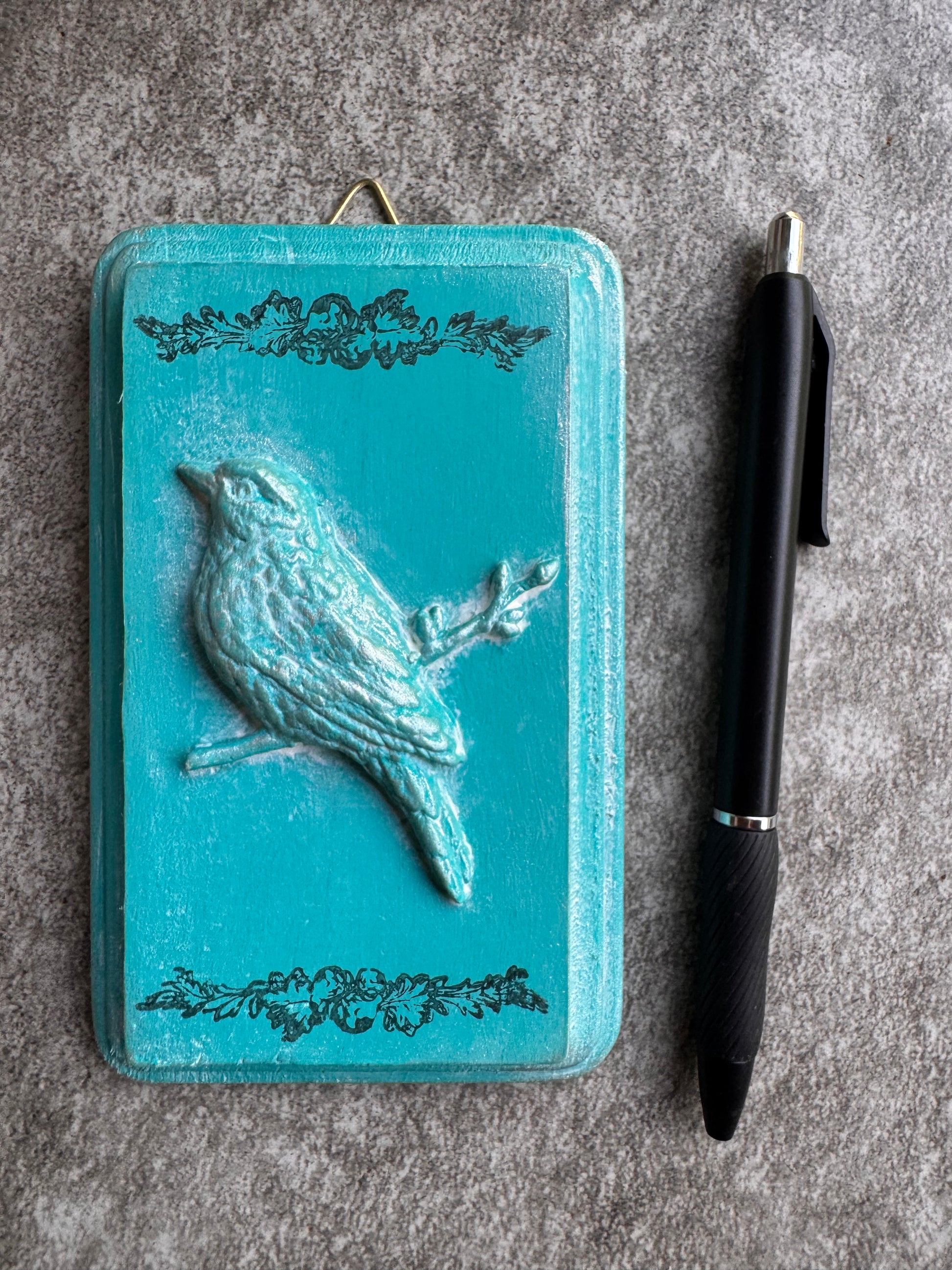 French Country Bird Mini Plaque, Collage Wall, Relief Plaque, Wall Decor, Handcrafted Teal