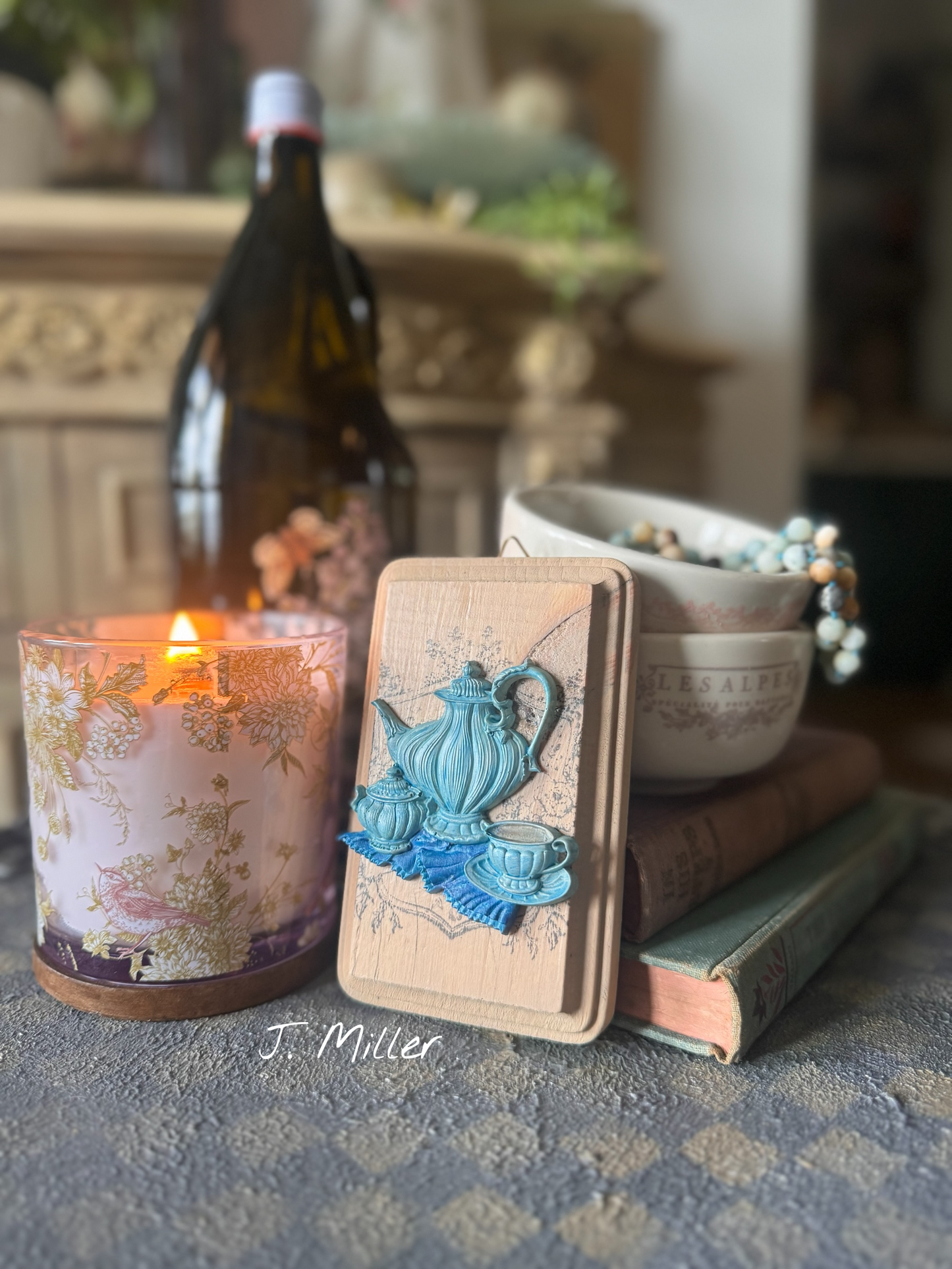 French Country Tea Set Mini Plaque, Collage Wall, Relief Plaque, Wall Decor, Handcrafted, Cottage