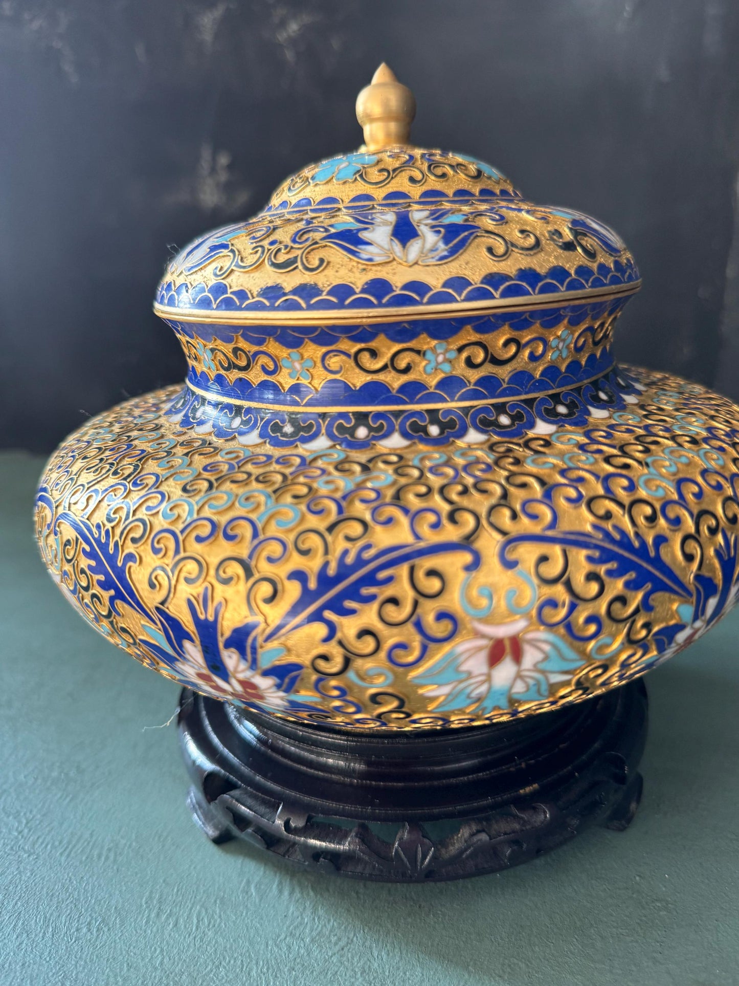 Cloisonne Enamel Ginger Jar with Wooden Base, Gold, Blues, Finial top
