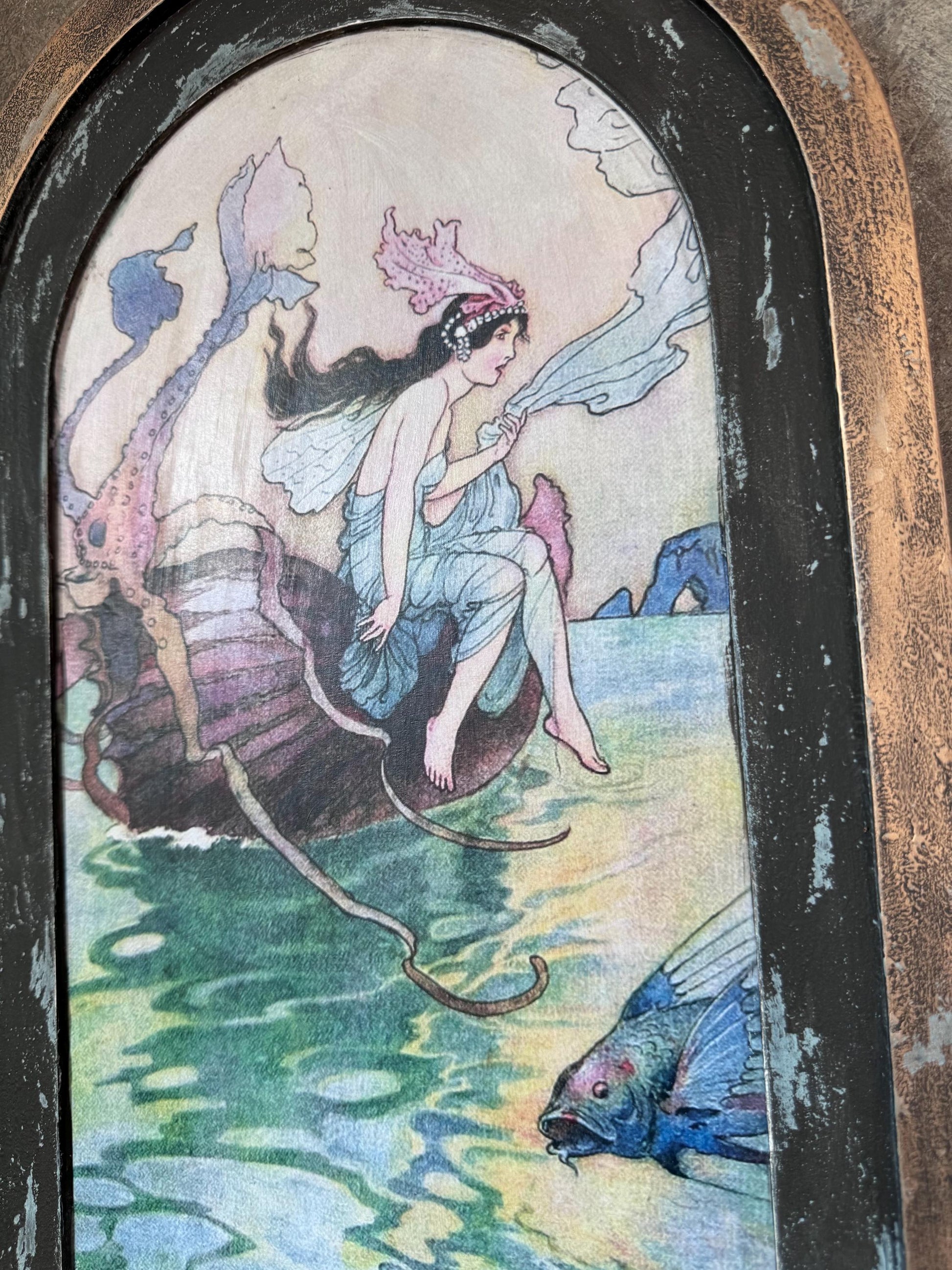 Vintage Style Warwick Sea Fairy Wall Decor, Wall Art, Mixed Media Upcycle, Arch