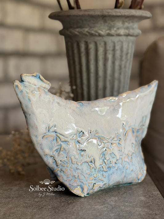 Handbuilt Ceramic Chicken Sculpture | Whimsical Farmhouse Pottery Art | Floral Textured Chicken